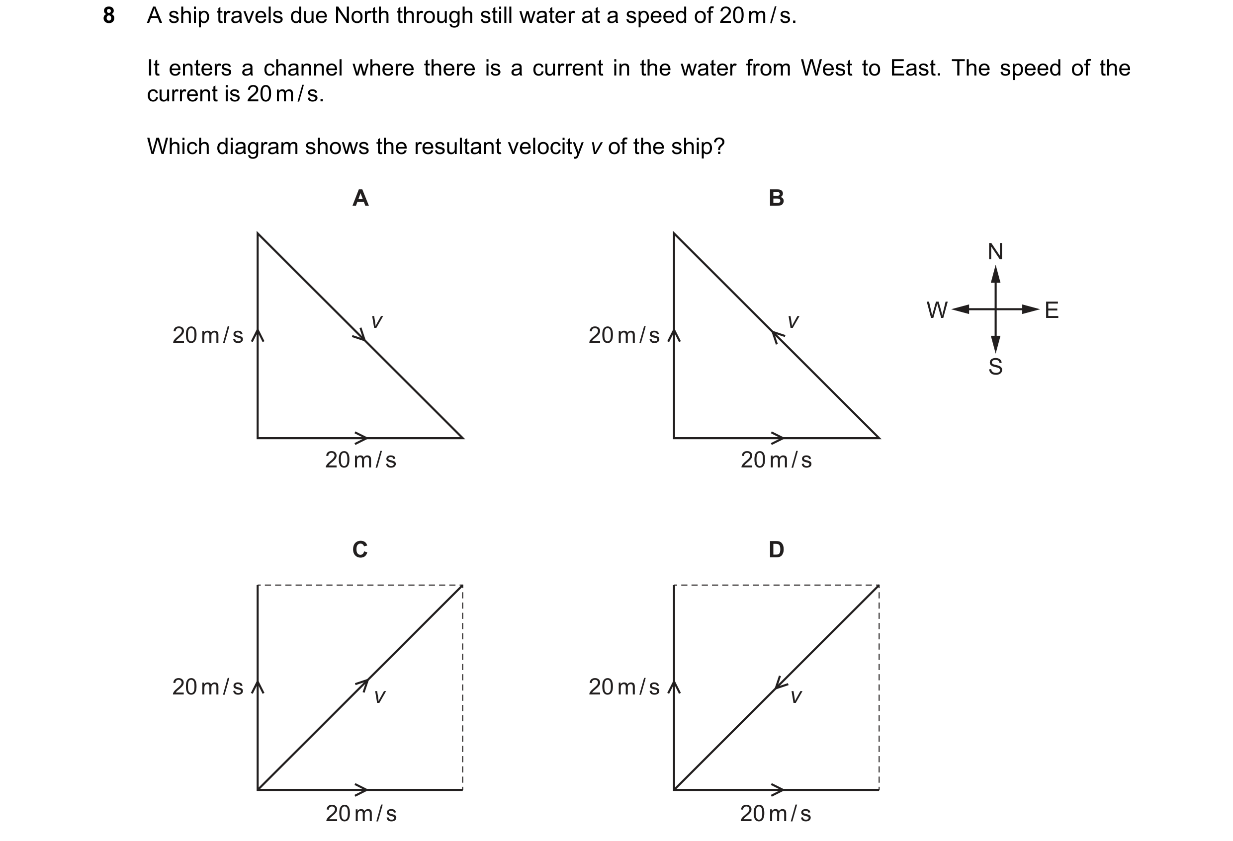 Question 103: A ship travels due North through still water at a speed of 20 m / s. It enters a channel where there is a current in the water from West to…
