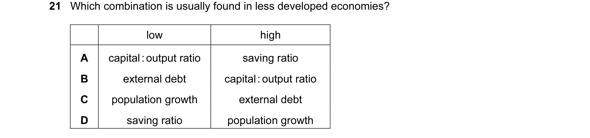 Question 29: Which combination is usually found in less developed economies? low high A capital : output ratio saving ratio B external debt capital : ou…