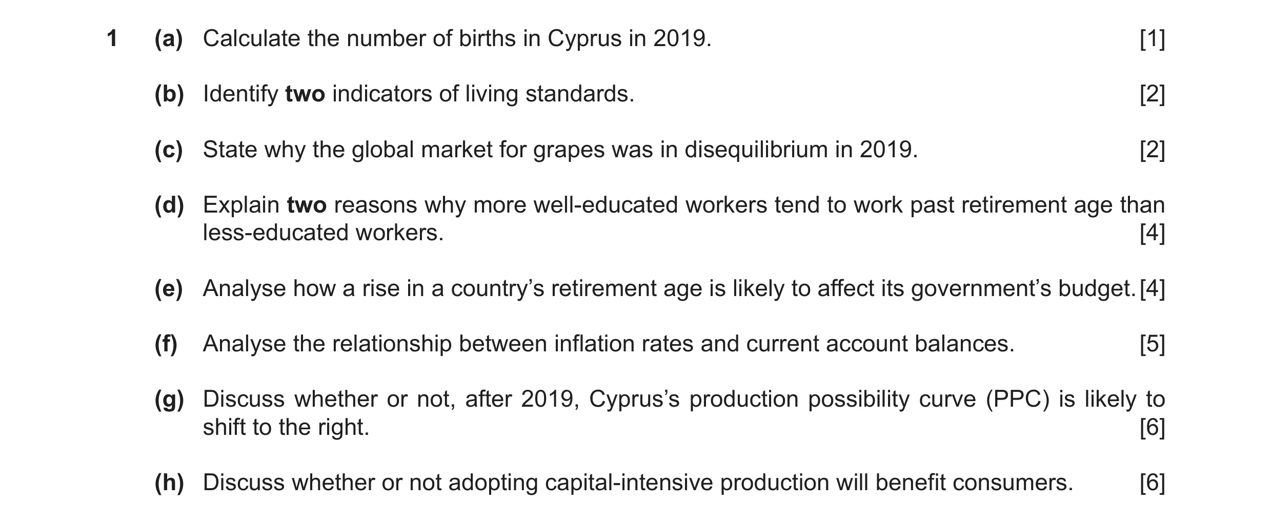 Question 23: (a) Calculate the number of births in Cyprus in 2019. [1] (b) Identify two indicators of living standards. [2] (c) State why the global mar…