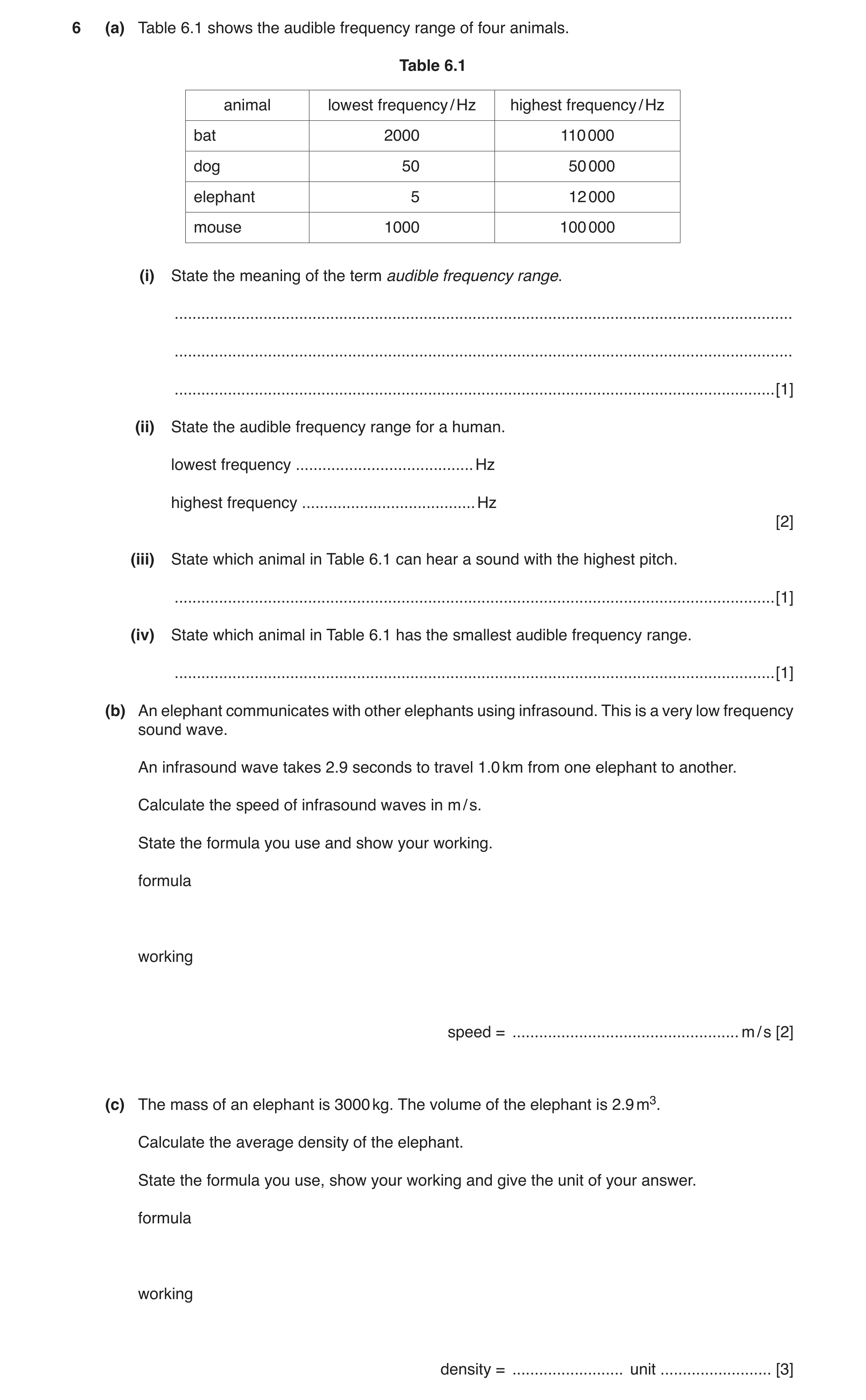 Question 5: (a) Table 6.1 shows the audible frequency range of four animals. Table 6.1 animal lowest frequency / Hz highest frequency / Hz bat 2000 110…