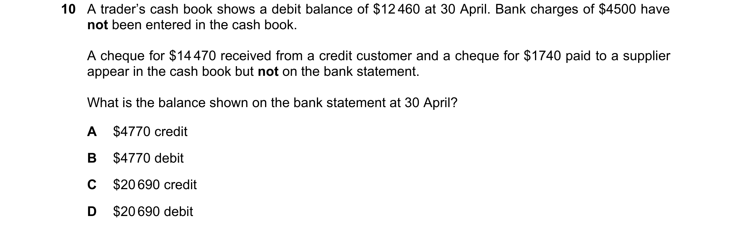 Question 357: A trader’s cash book shows a debit balance of $12 460 at 30 April. Bank charges of $4500 have not been entered in the cash book. A cheque f…