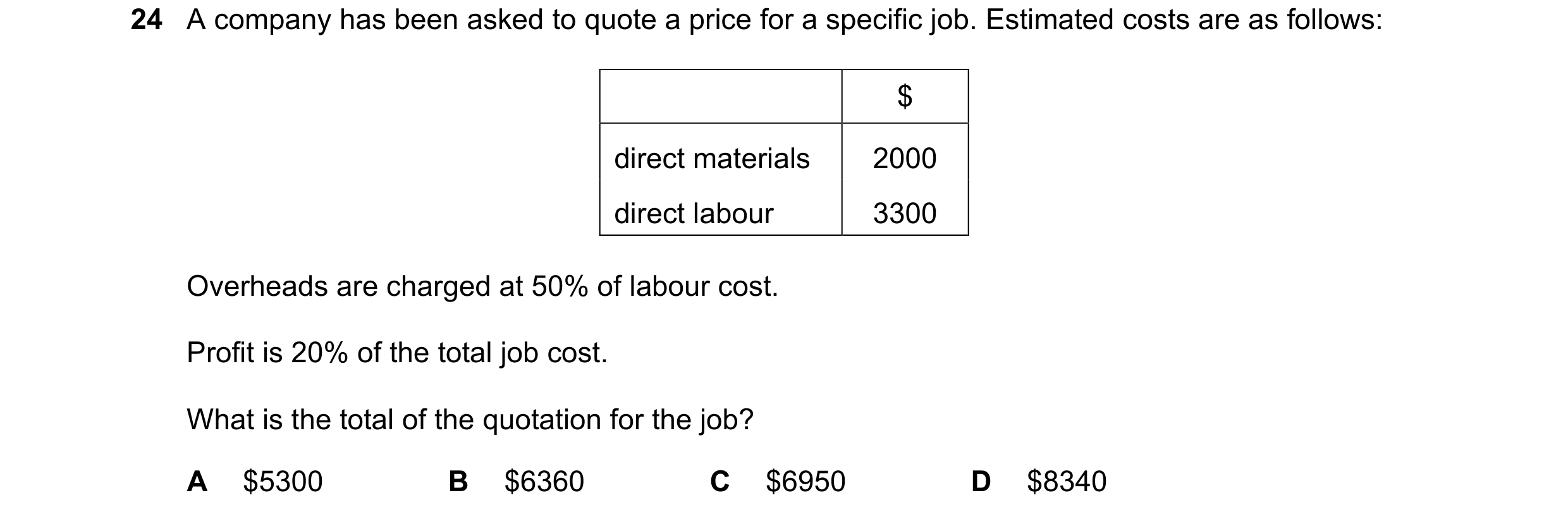 Question 495: A company has been asked to quote a price for a specific job. Estimated costs are as follows: $ direct materials 2000 direct labour 3300 Ov…