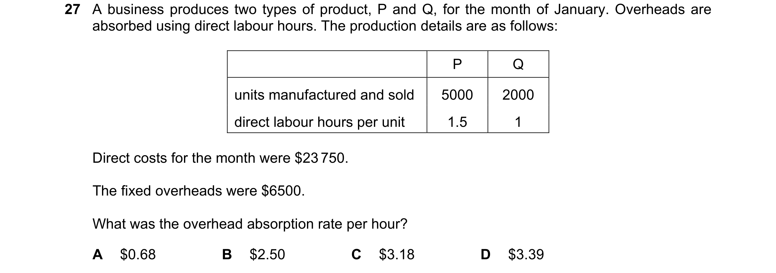 Question 498: A business produces two types of product, P and Q, for the month of January. Overheads are absorbed using direct labour hours. The producti…
