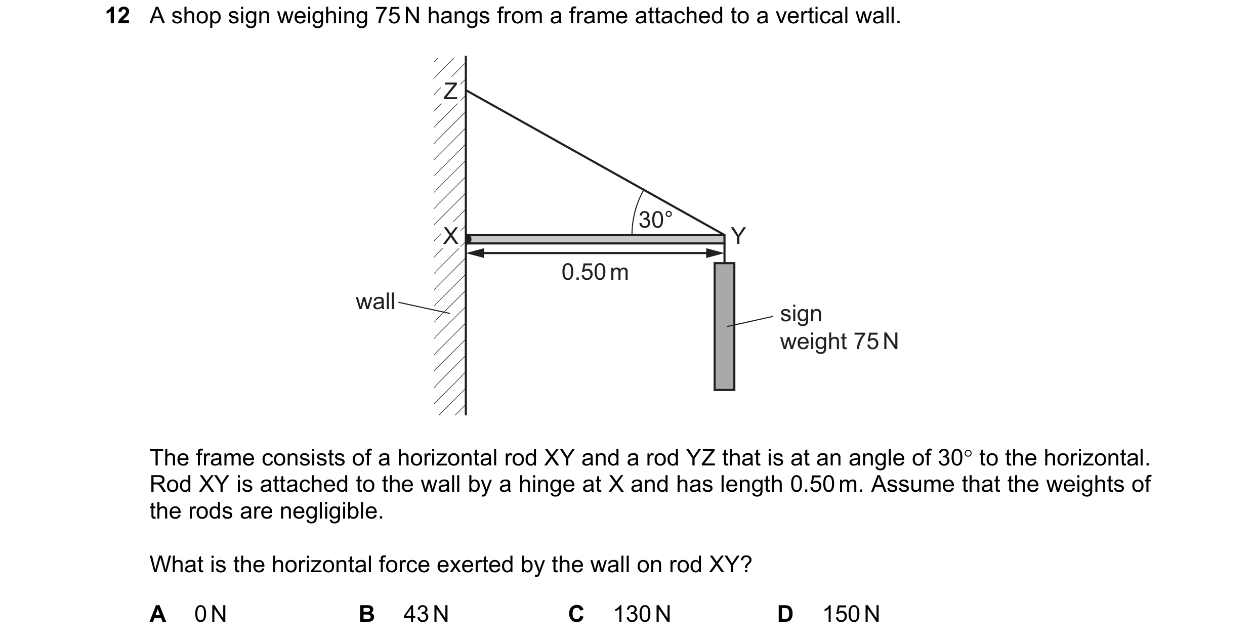 Question 101: A shop sign weighing 75 N hangs from a frame attached to a vertical wall. Z 30° X Y 0.50 m wall sign weight 75 N The frame consists of a ho…