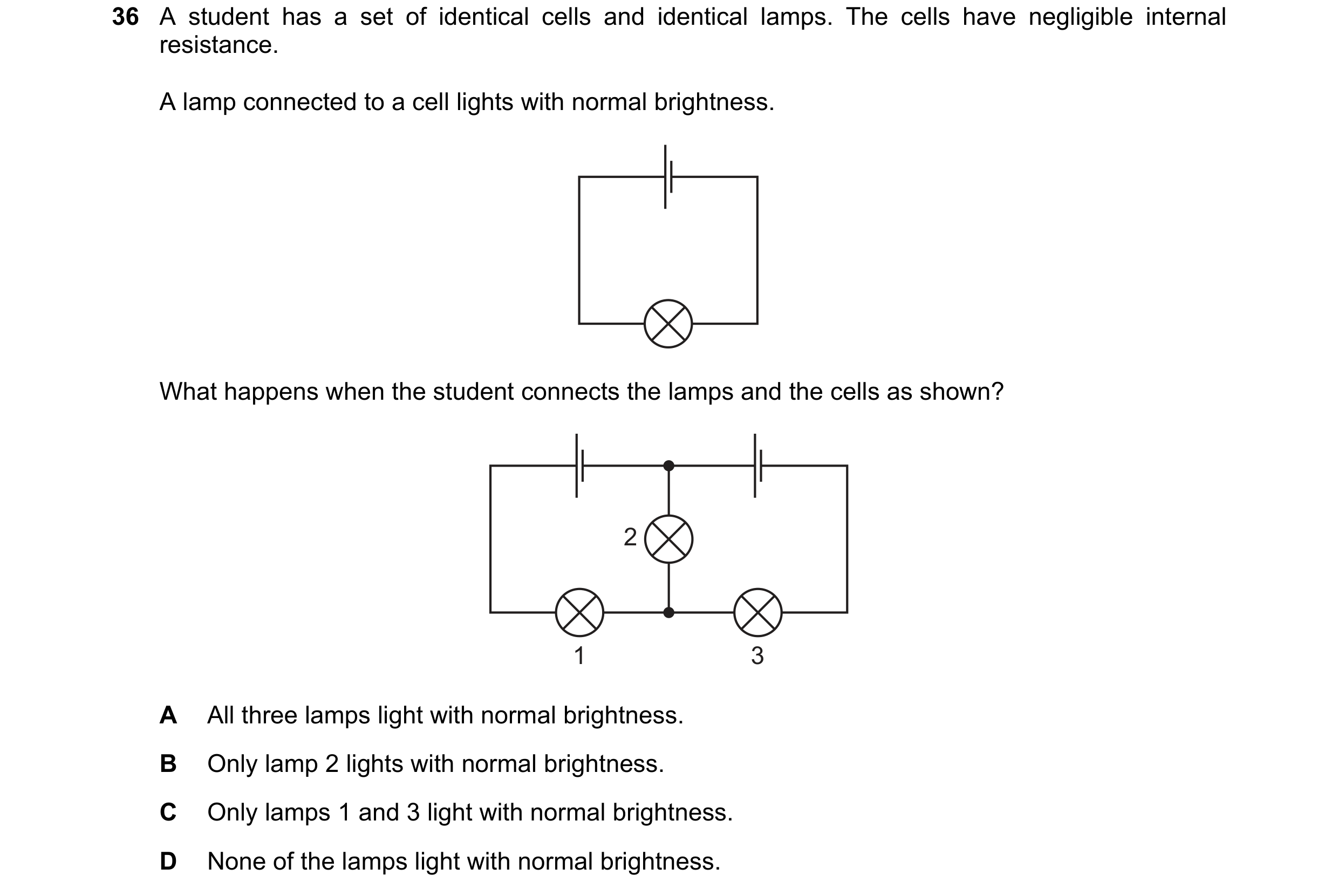 Question 149: A student has a set of identical cells and identical lamps. The cells have negligible internal resistance. A lamp connected to a cell light…