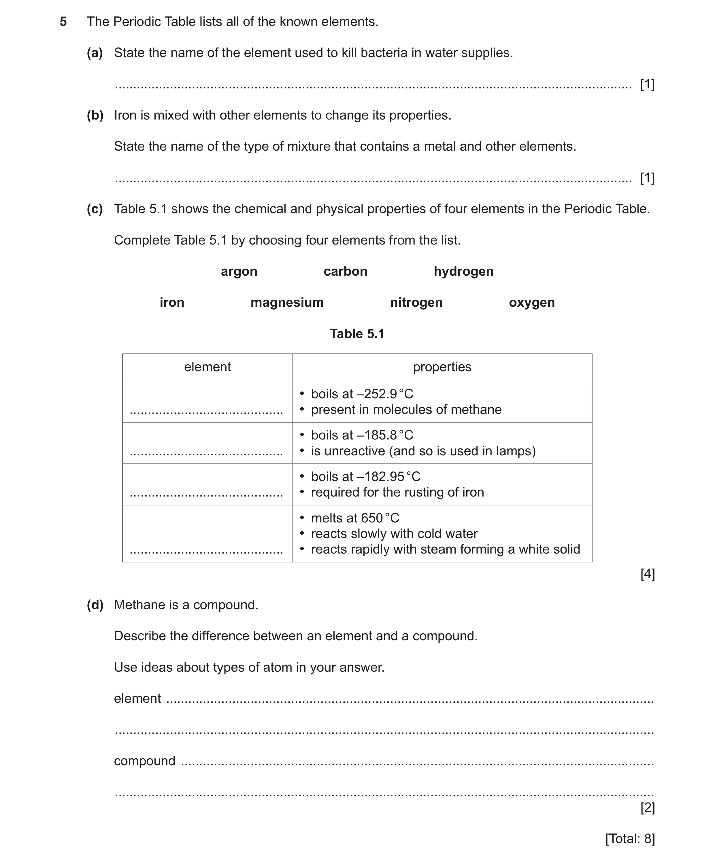 Question 7: The Periodic Table lists all of the known elements. (a) State the name of the element used to kill bacteria in water supplies. ............…
