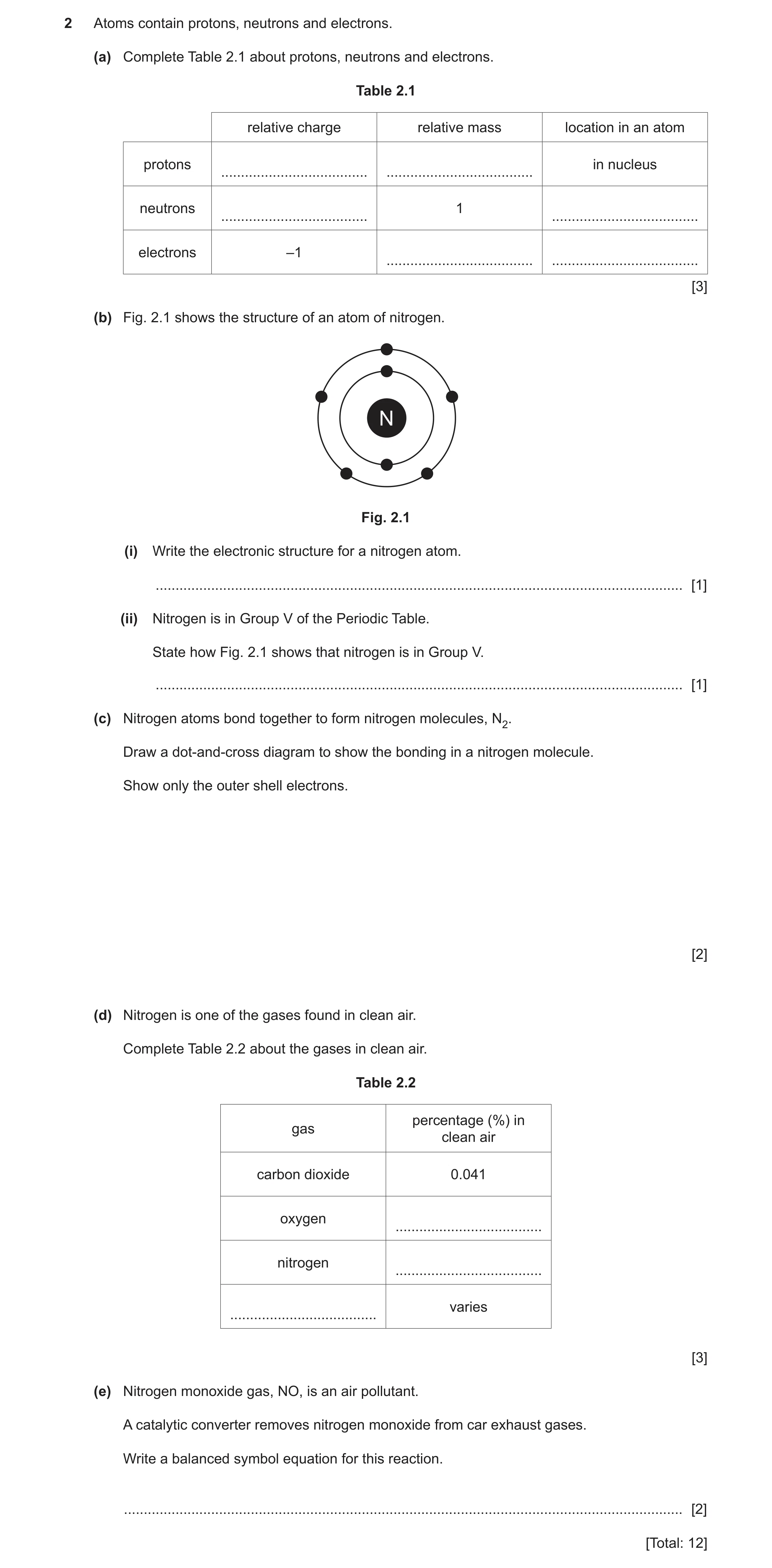 Question 8: Atoms contain protons, neutrons and electrons. (a) Complete Table 2.1 about protons, neutrons and electrons. Table 2.1 relative charge rela…