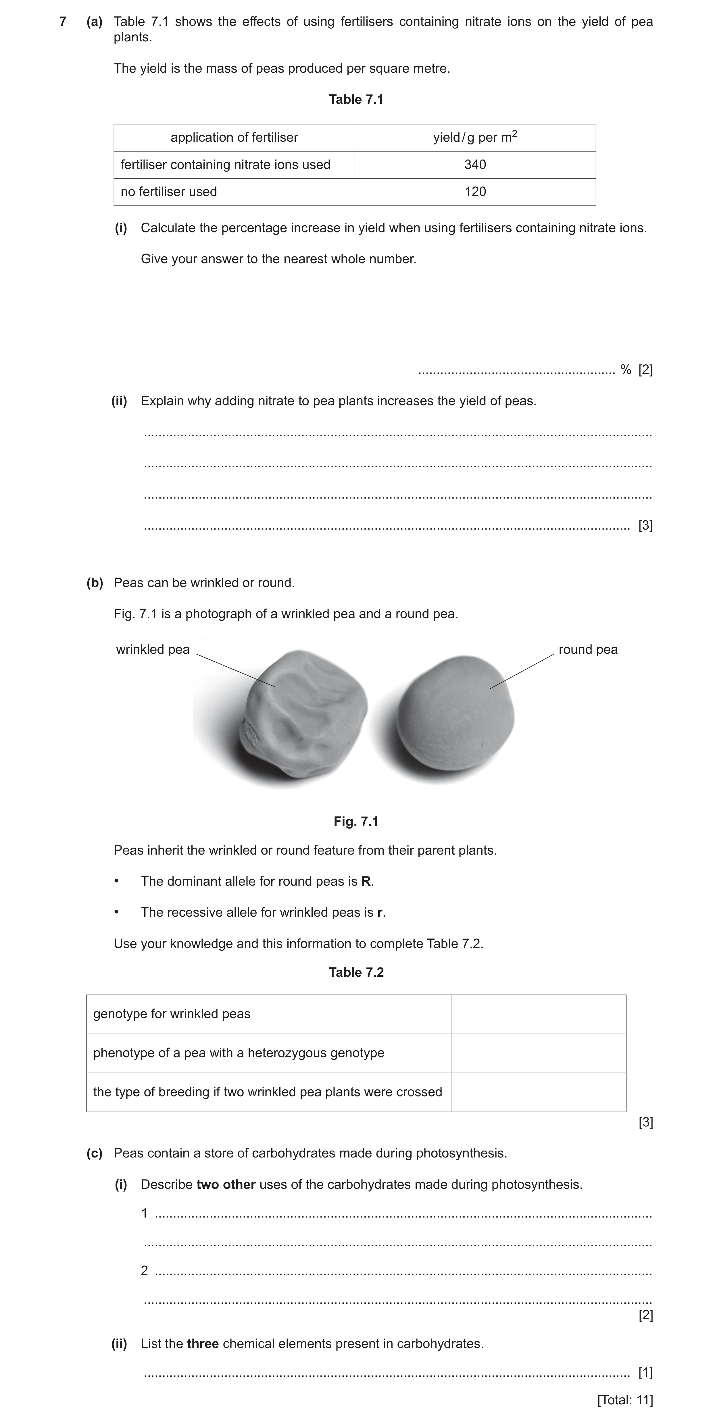 Question 11: (a) Table 7.1 shows the effects of using fertilisers containing nitrate ions on the yield of pea plants. The yield is the mass of peas prod…