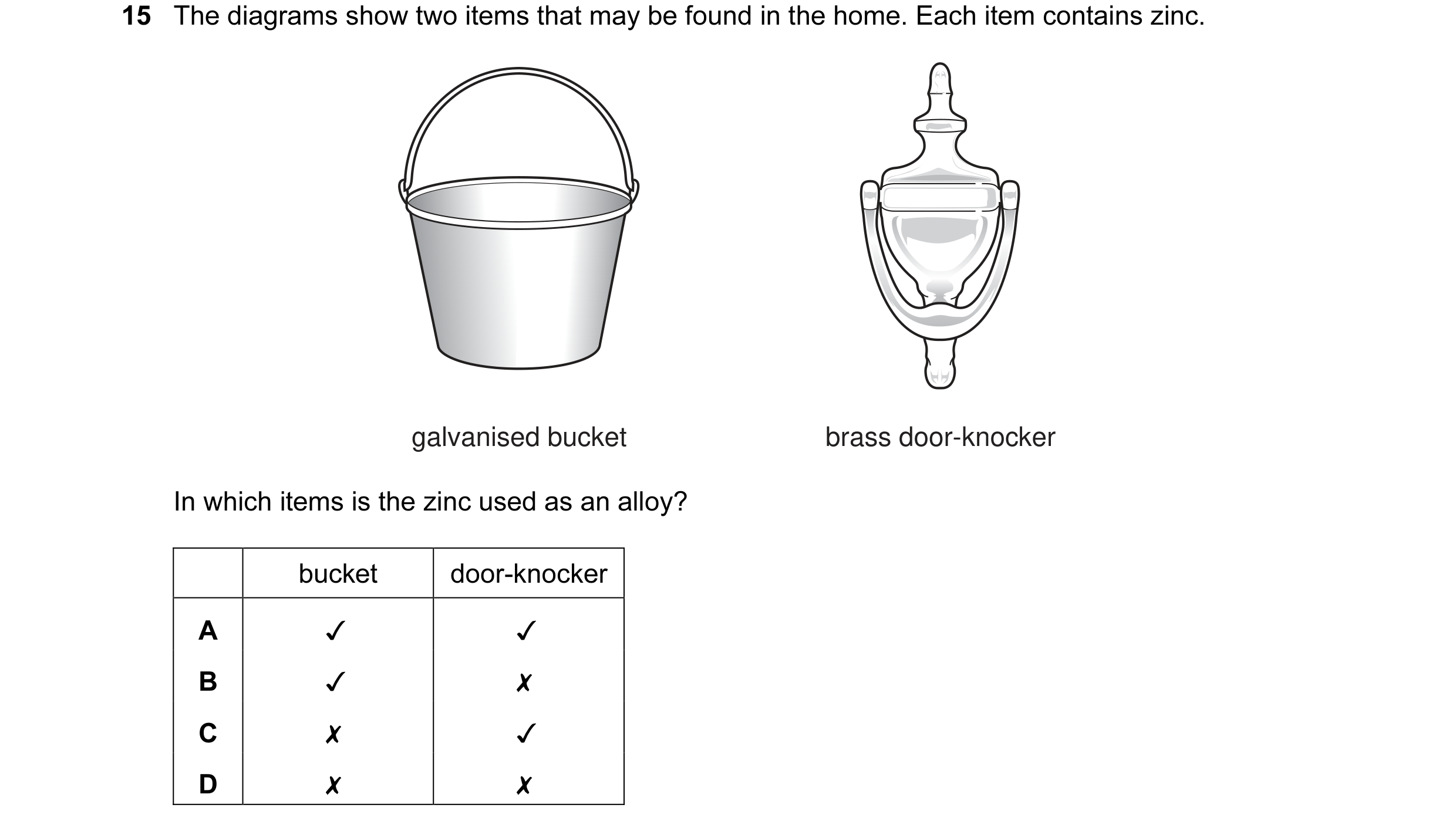 Question 3: The diagrams show two items that may be found in the home. Each item contains zinc.
galvanised bucket brass door-knocker
In which items i…
