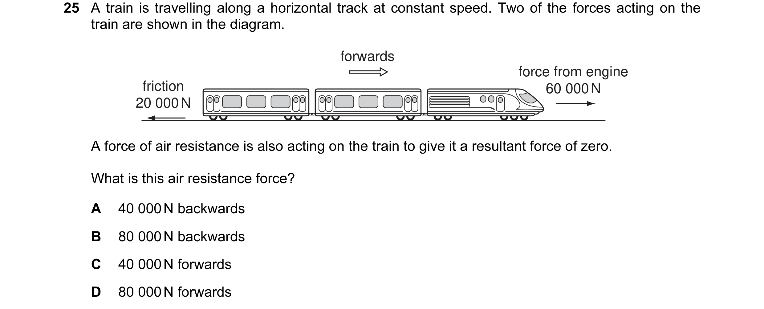 Question 5: A train is travelling along a horizontal track at constant speed. Two of the forces acting on the train are shown in the diagram. forwards …