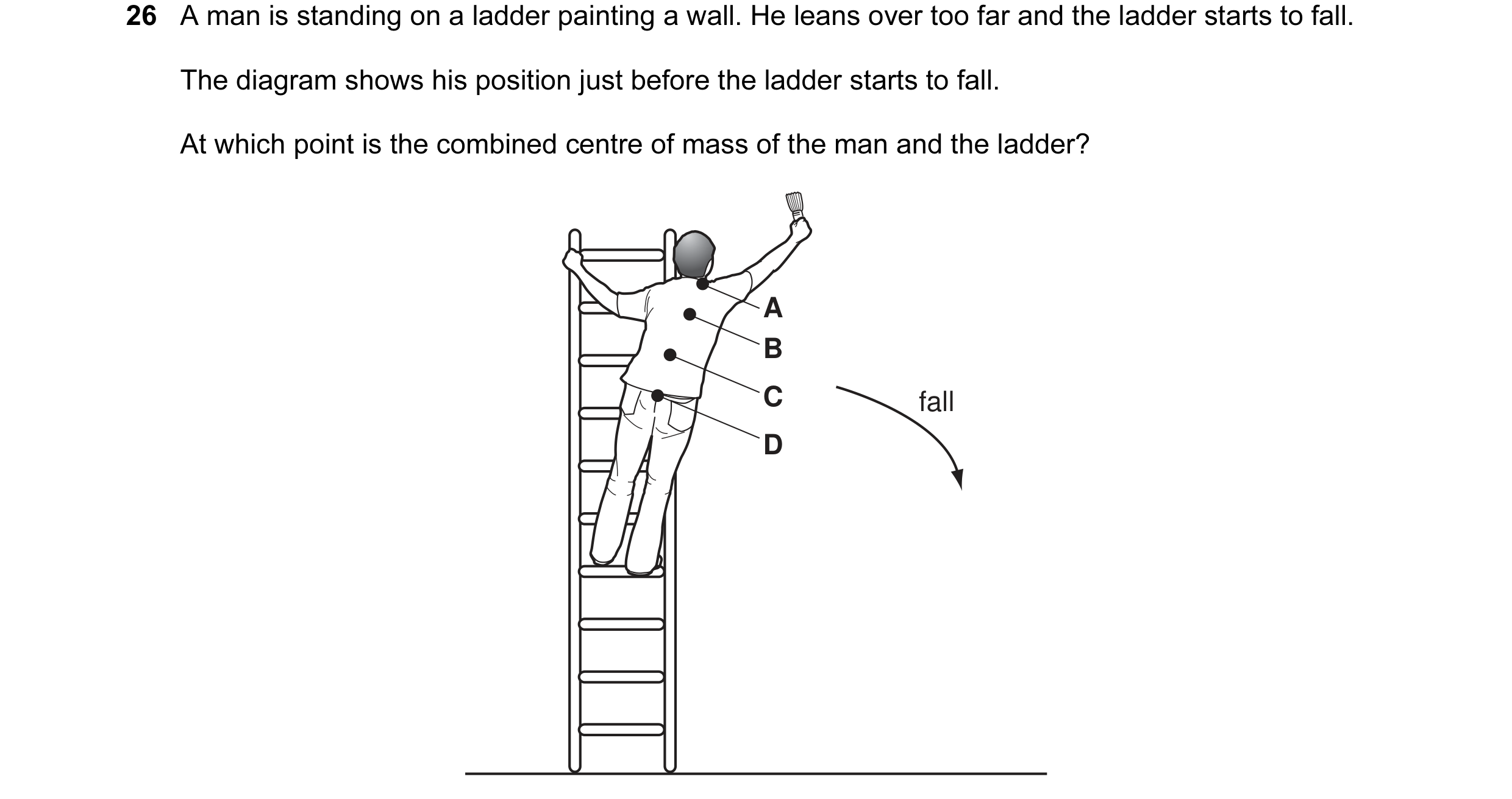 Question 6: A man is standing on a ladder painting a wall. He leans over too far and the ladder starts to fall. The diagram shows his position just bef…
