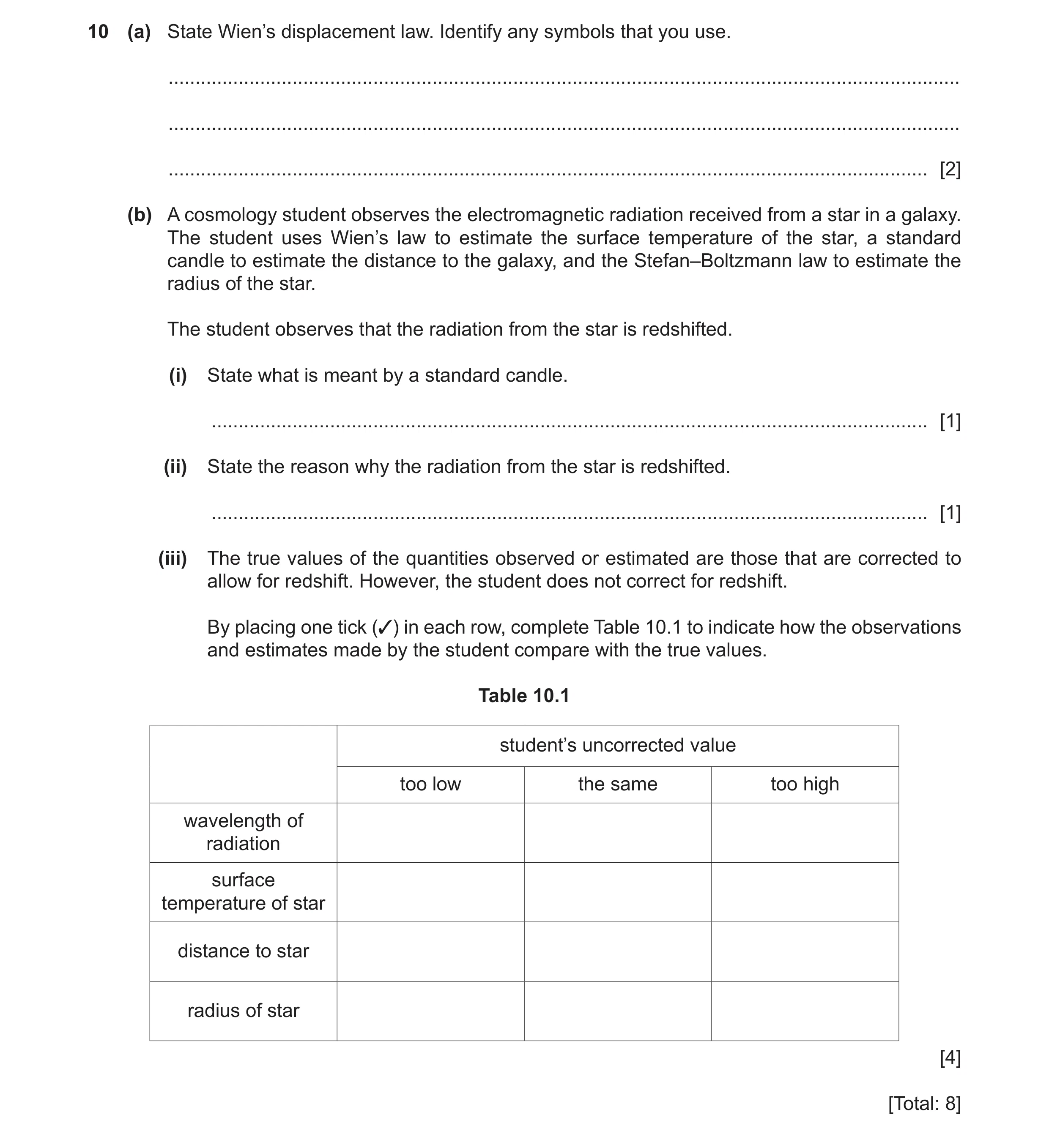 Question 7: (a) State Wien’s displacement law. Identify any symbols that you use. .....................................................................…