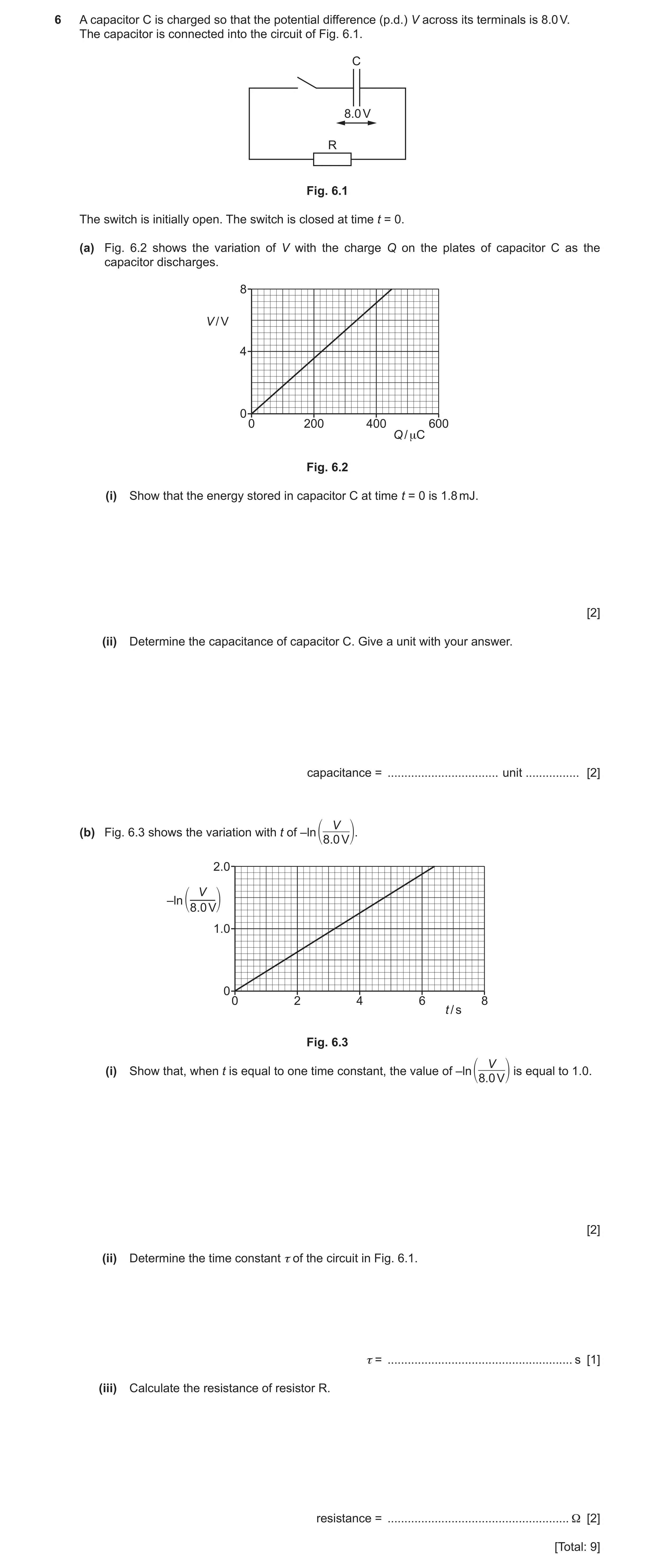 Question 25: A capacitor C is charged so that the potential difference (p.d.) V across its terminals is 8.0 V. The capacitor is connected into the circu…