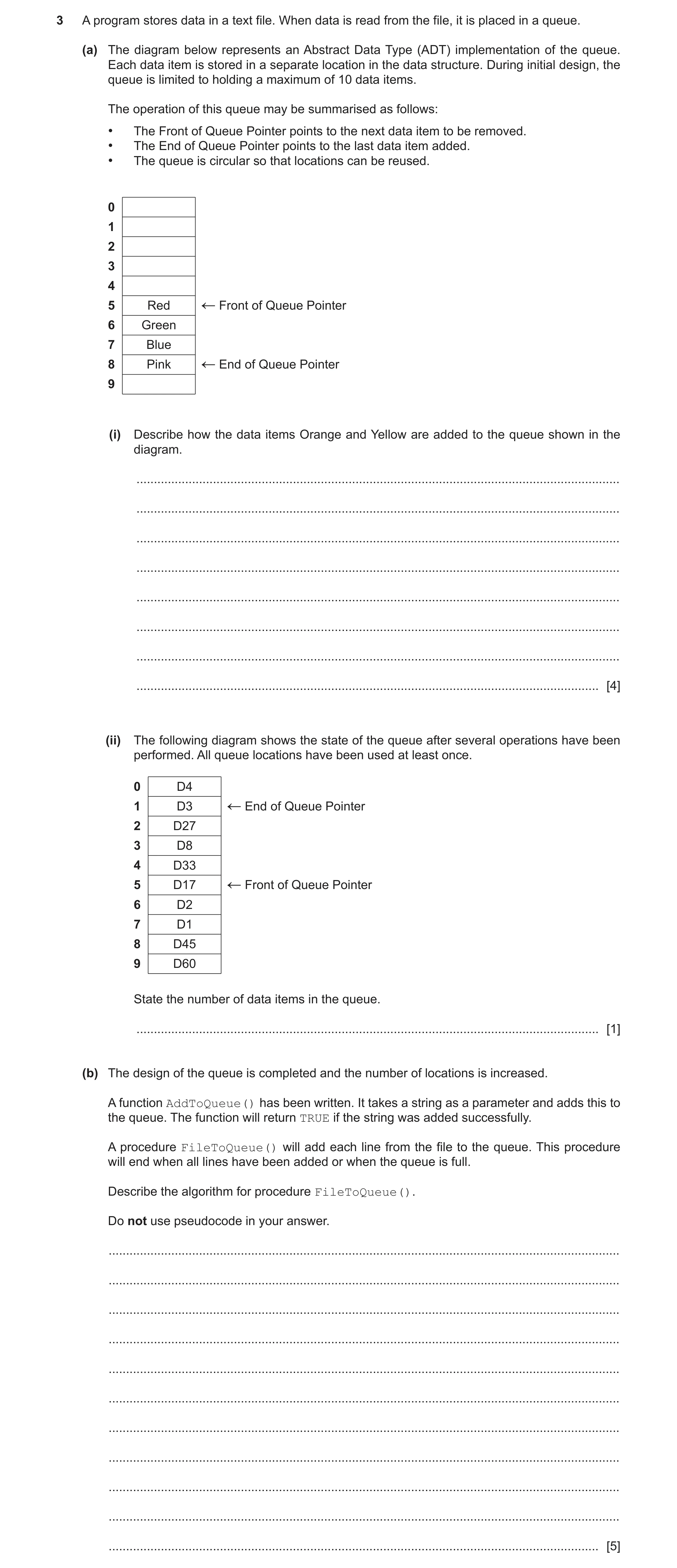 Question 15: A program stores data in a text file. When data is read from the file, it is placed in a queue. (a) The diagram below represents an Abstrac…