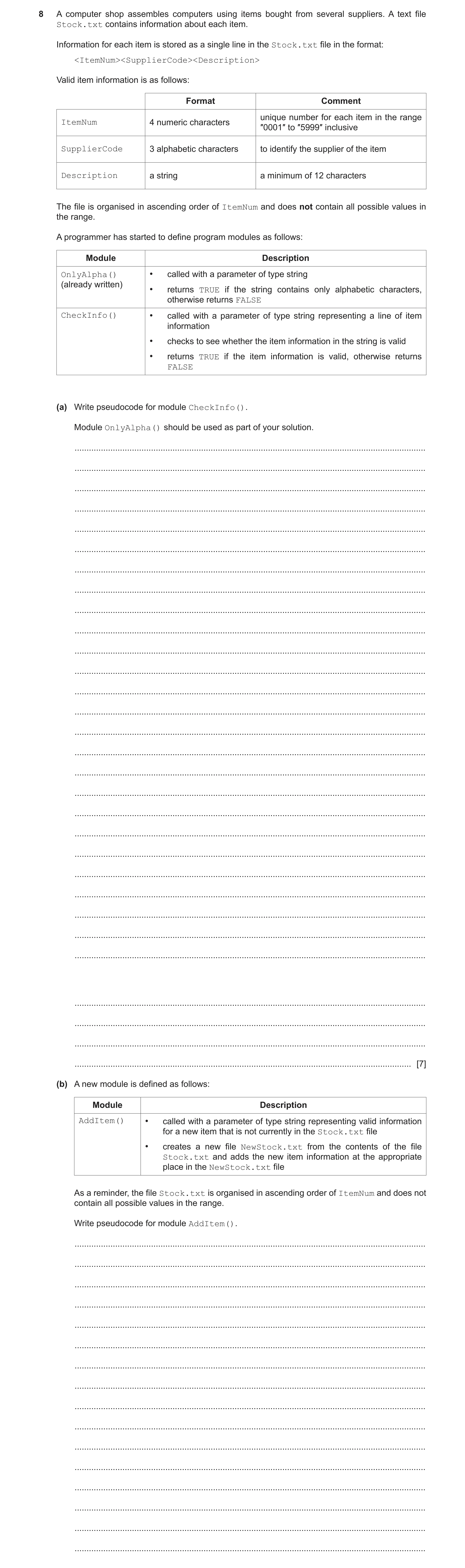 Question 23: A computer shop assembles computers using items bought from several suppliers. A text file Stock.txt contains information about each item. …