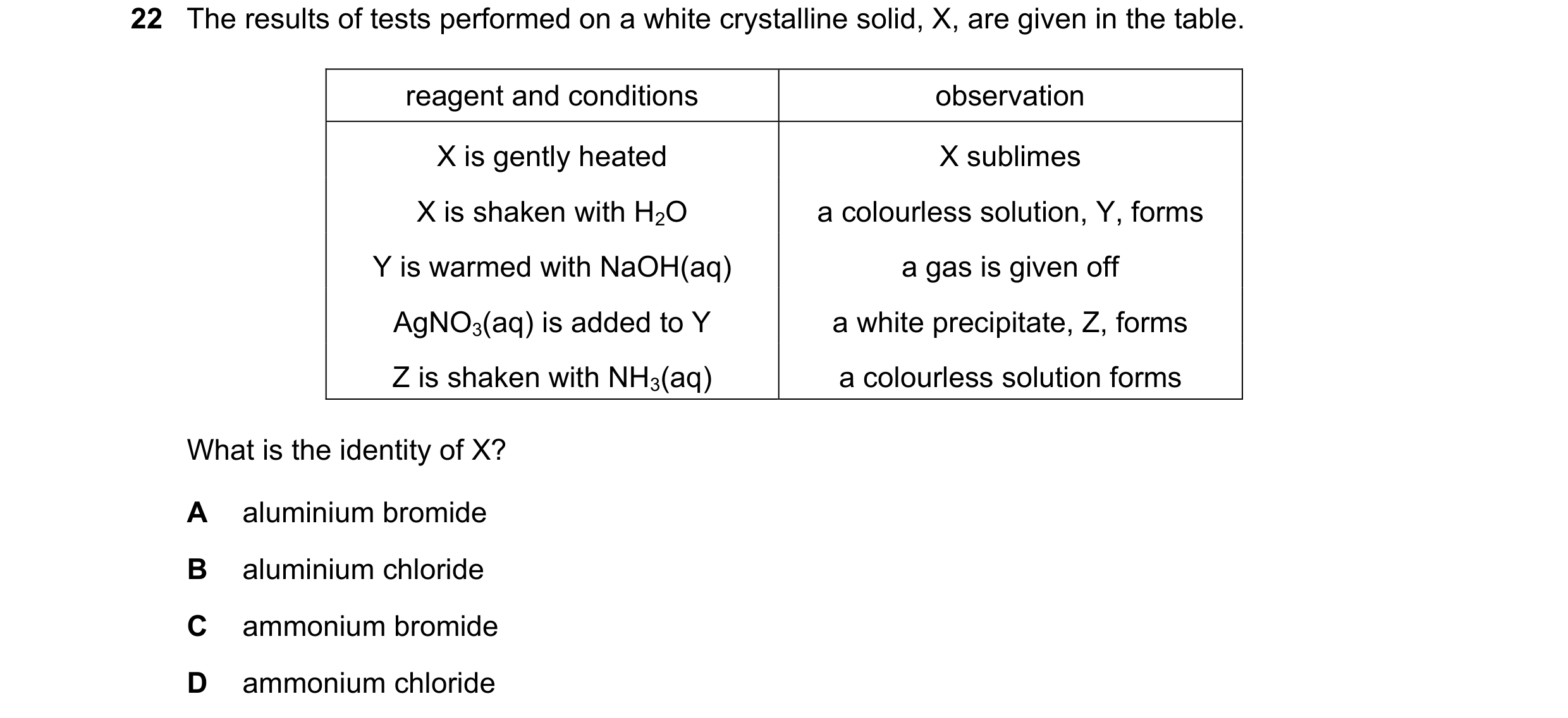 Question 65: The results of tests performed on a white crystalline solid, X, are given in the table. reagent and conditions observation X is gently heat…