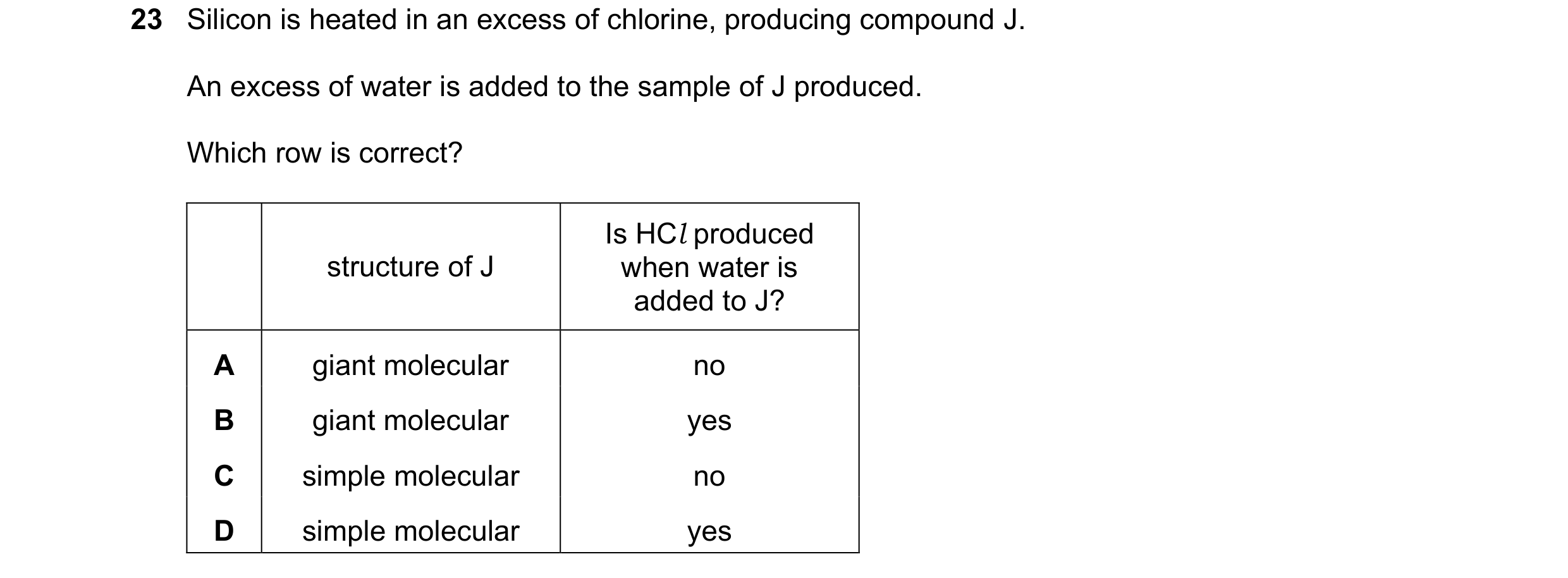 Question 128: Silicon is heated in an excess of chlorine, producing compound J. An excess of water is added to the sample of J produced. Which row is cor…