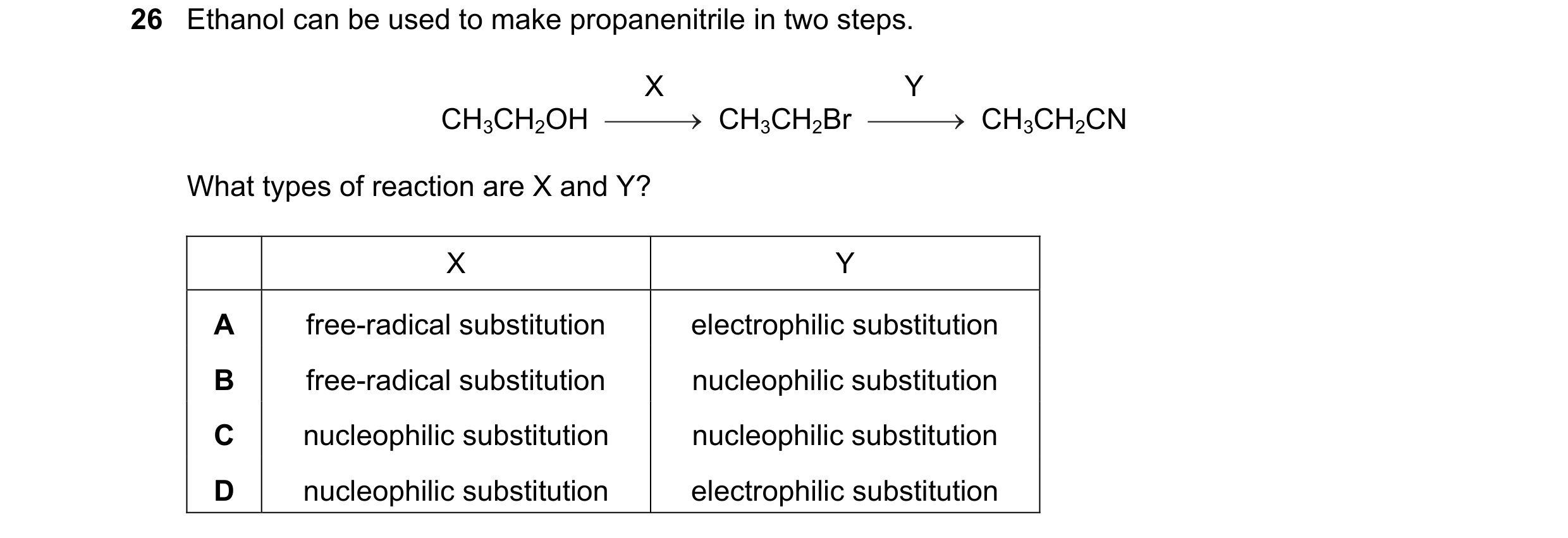 Question 97: Ethanol can be used to make propanenitrile in two steps. X Y CH3CH2OH CH3CH2Br CH3CH2CN What types of reaction are X and Y? X Y A free-radi…