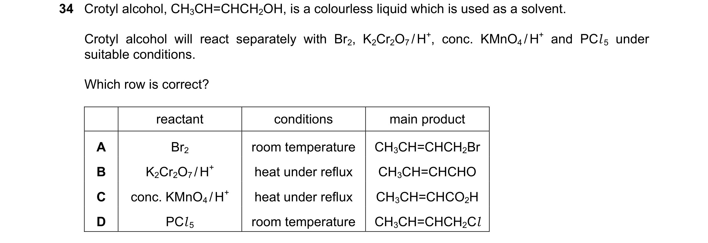 Question 300: Crotyl alcohol, CH3CH=CHCH2OH, is a colourless liquid which is used as a solvent. Crotyl alcohol will react separately with Br2, K2Cr2O7 / …