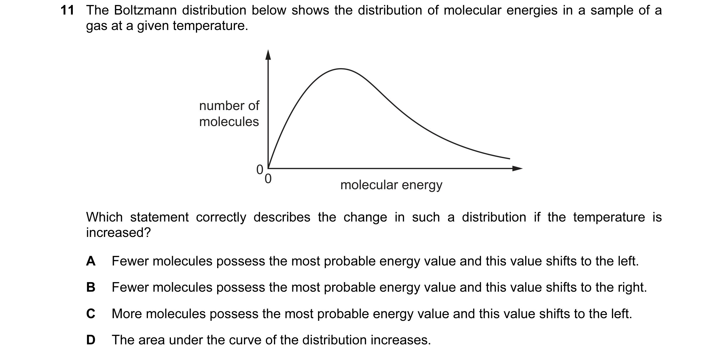 Question 65: The Boltzmann distribution below shows the distribution of molecular energies in a sample of a gas at a given temperature. number of molecu…