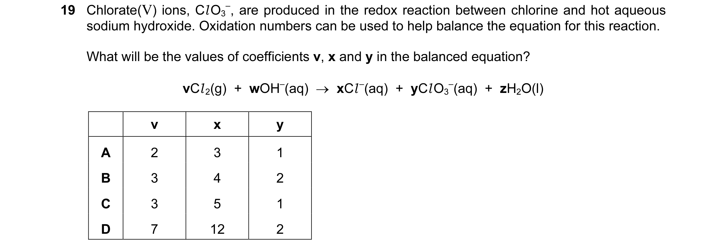 Question 140: Chlorate(V) ions, Cl O3 –, are produced in the redox reaction between chlorine and hot aqueous sodium hydroxide. Oxidation numbers can be u…