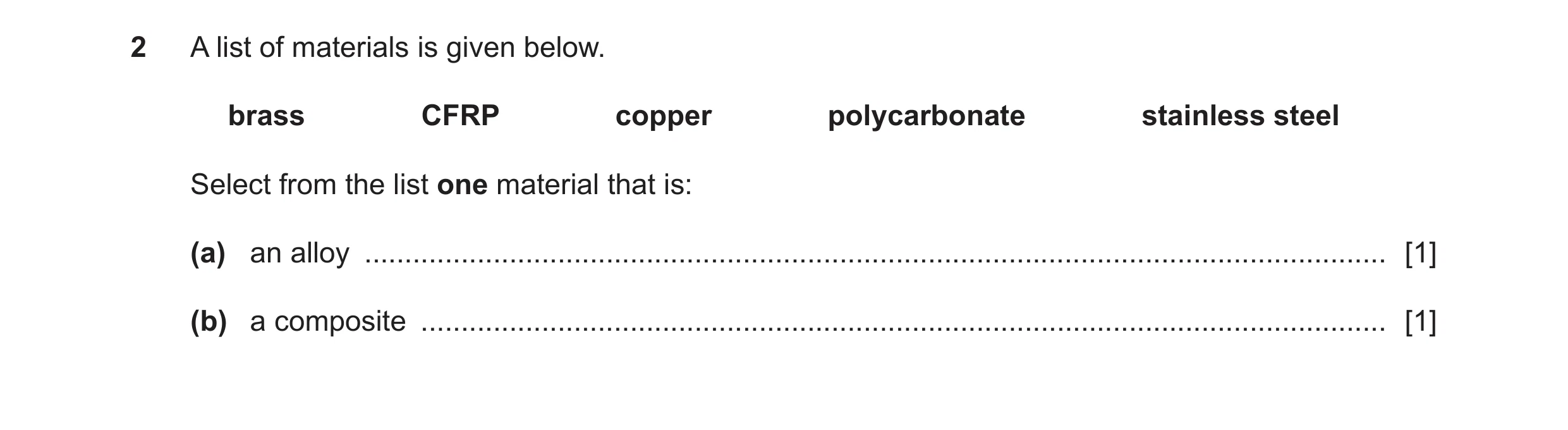 Question 186: A list of materials is given below. brass CFRP copper polycarbonate stainless steel Select from the list one material that is: (a) an alloy…