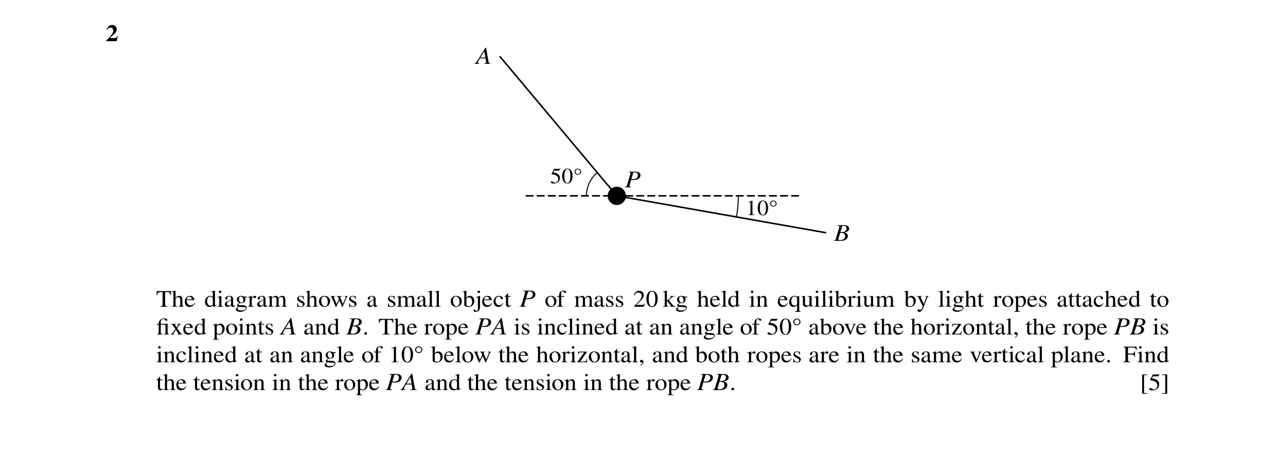 Question 93: A 50Å P 10Å B The diagram shows a small object P of mass 20 kg held in equilibrium by light ropes attached to fixed points A and B. The rope…