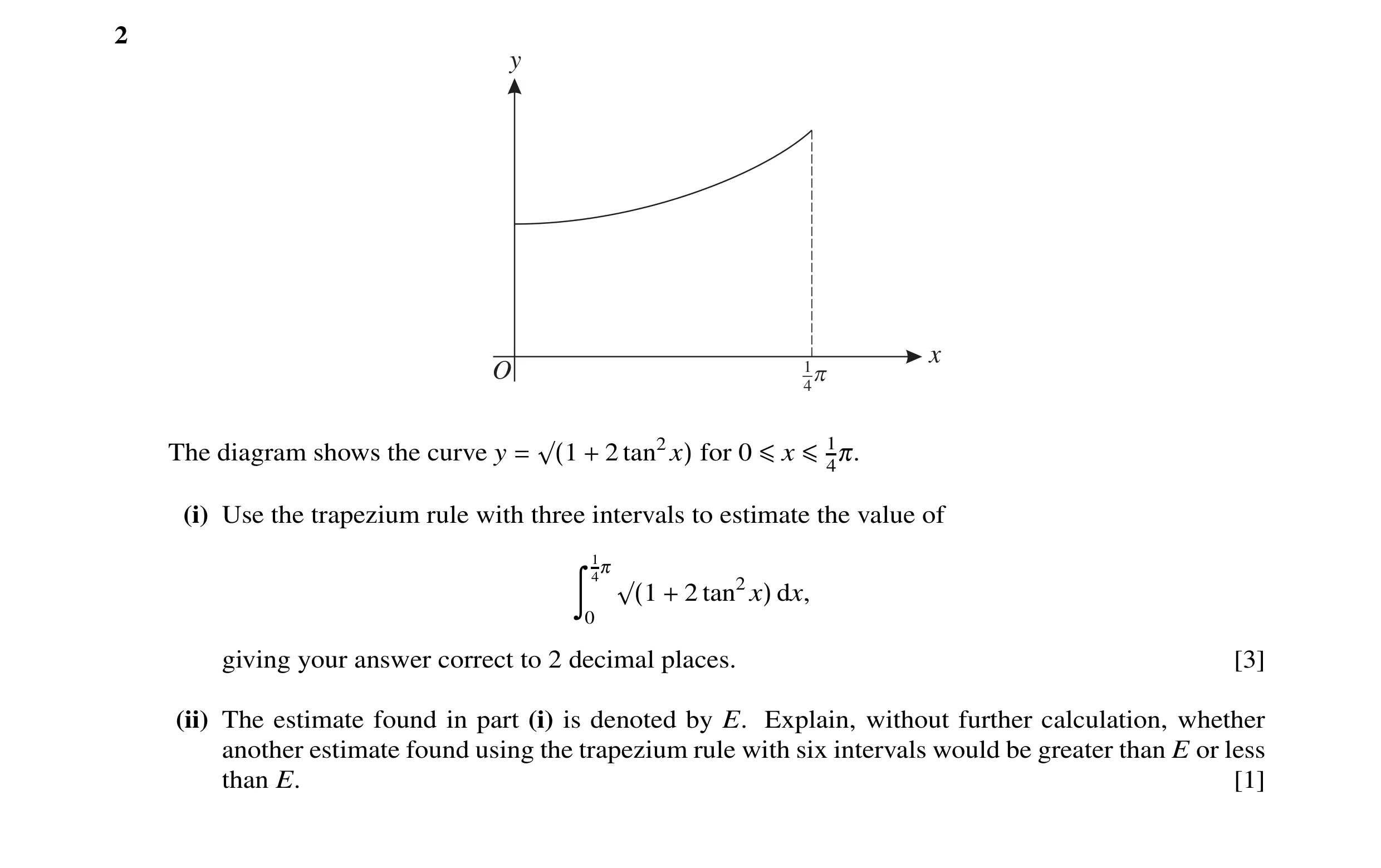 Question 9: y 1 x O 4p 2 for 0 The diagram shows the curve y = √(1 + tan2x) ≤x ≤14π. (i) Use the trapezium rule with three intervals to estimate the va…