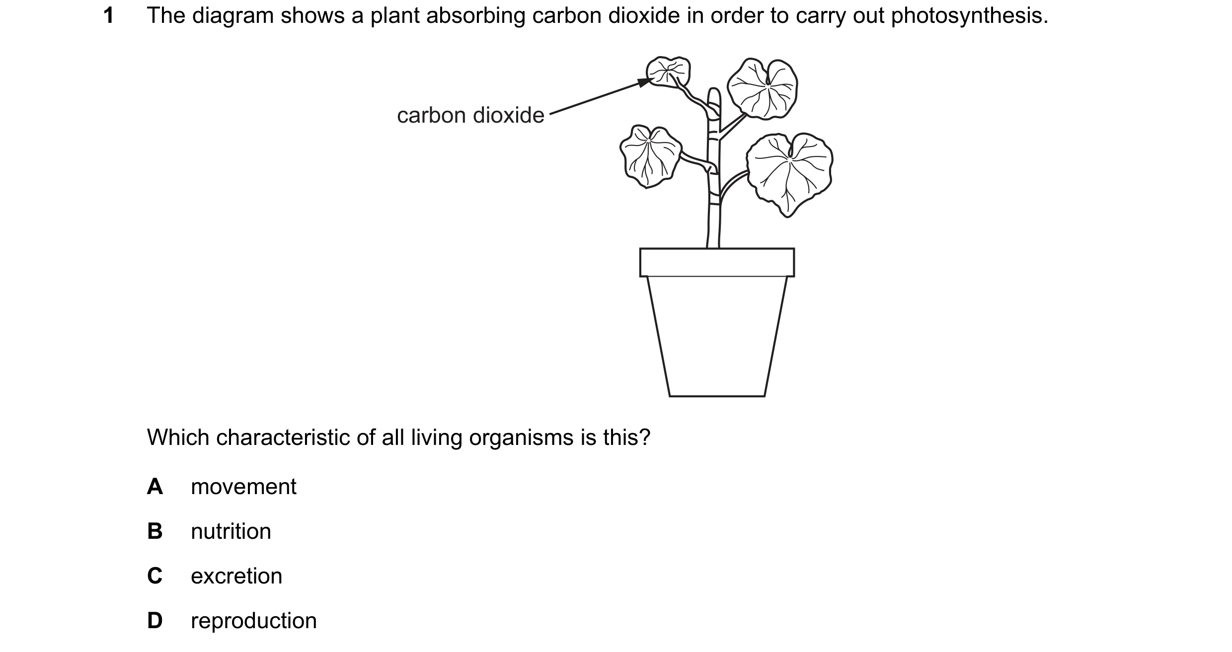 Question 84: The diagram shows a plant absorbing carbon dioxide in order to carry out photosynthesis. carbon dioxide Which characteristic of all living …