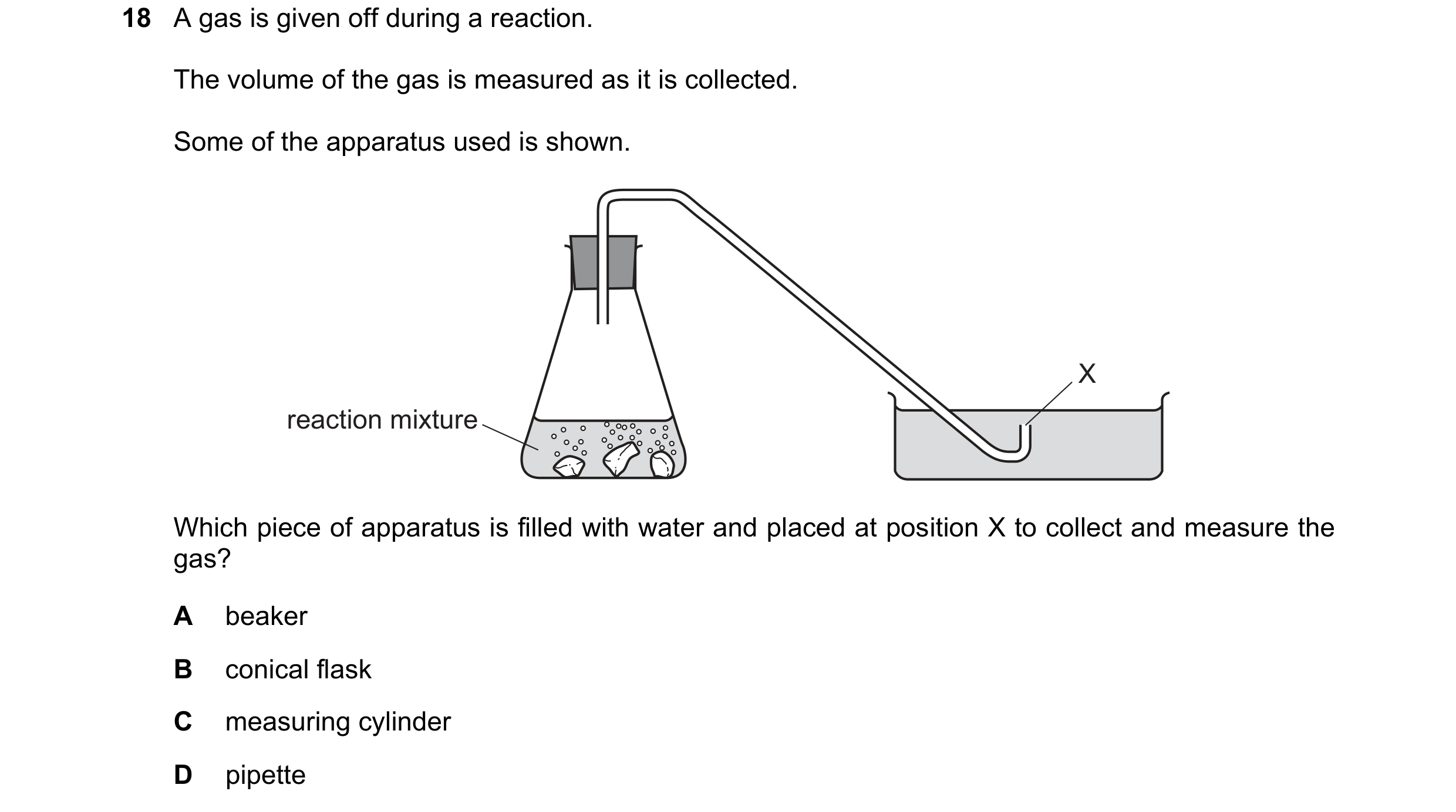 Question 14: A gas is given off during a reaction. The volume of the gas is measured as it is collected. Some of the apparatus used is shown. X reaction…