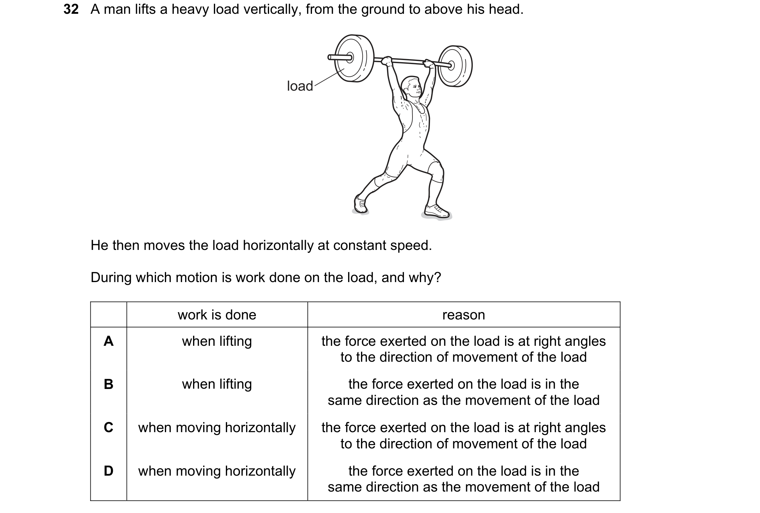 Question 123: A man lifts a heavy load vertically, from the ground to above his head. load He then moves the load horizontally at constant speed. During …