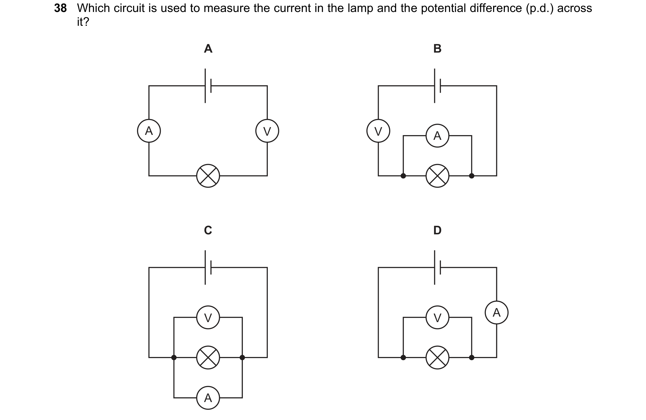 Question 124: Which circuit is used to measure the current in the lamp and the potential difference (p.d.) across it? A B A V V A C D A V V A