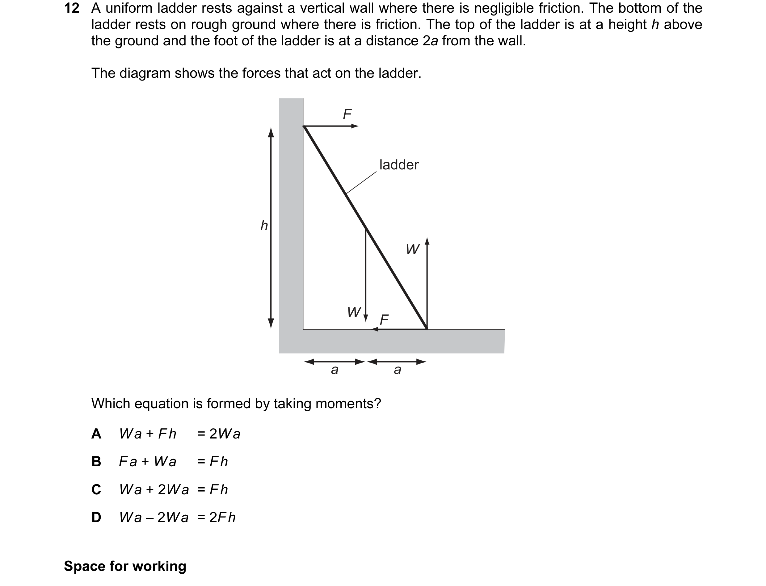Question 46: A uniform ladder rests against a vertical wall where there is negligible friction. The bottom of the ladder rests on rough ground where the…