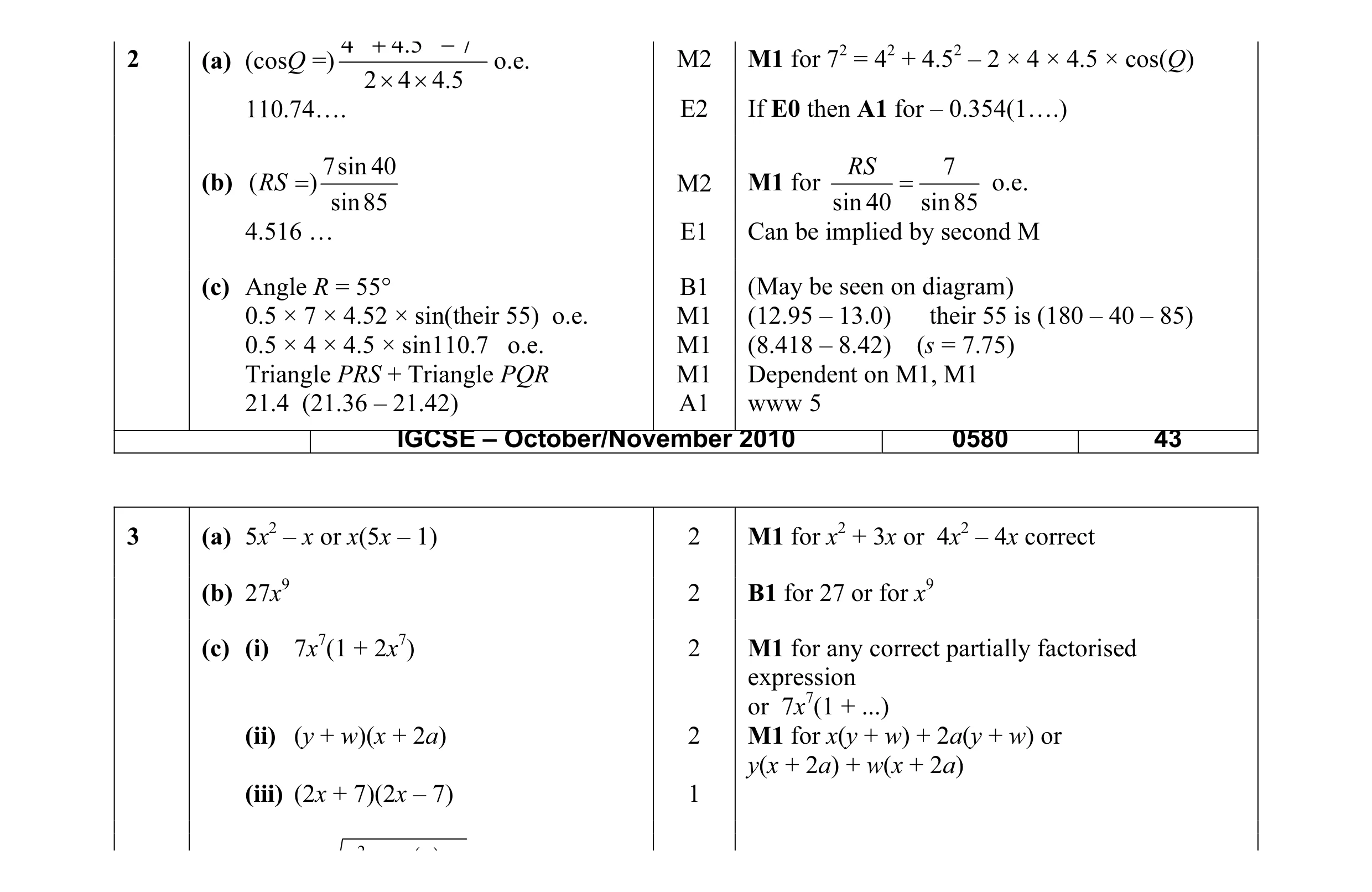 Mark scheme for question 5