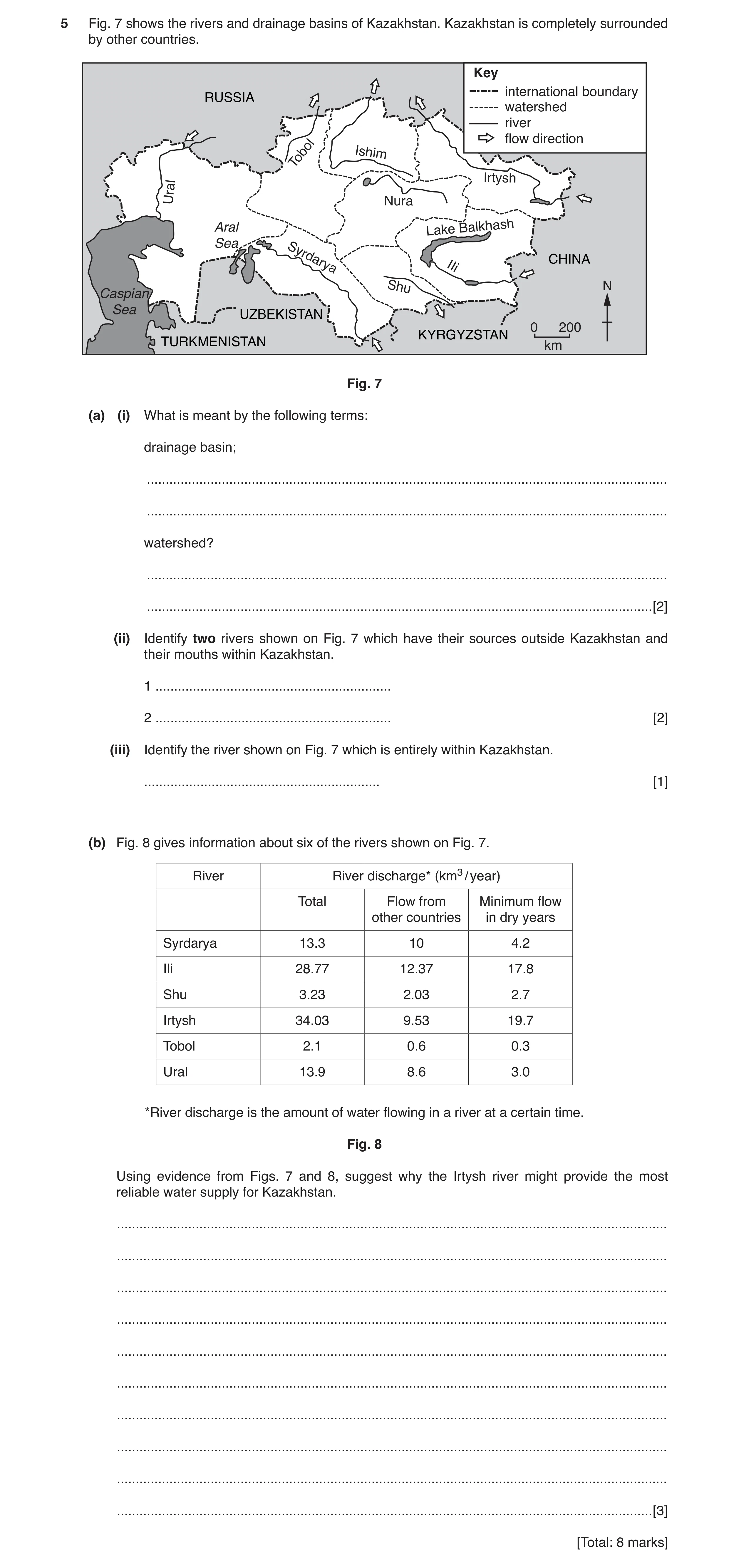Question 7: Fig. 7 shows the rivers and drainage basins of Kazakhstan. Kazakhstan is completely surrounded by other countries. Key international bounda…