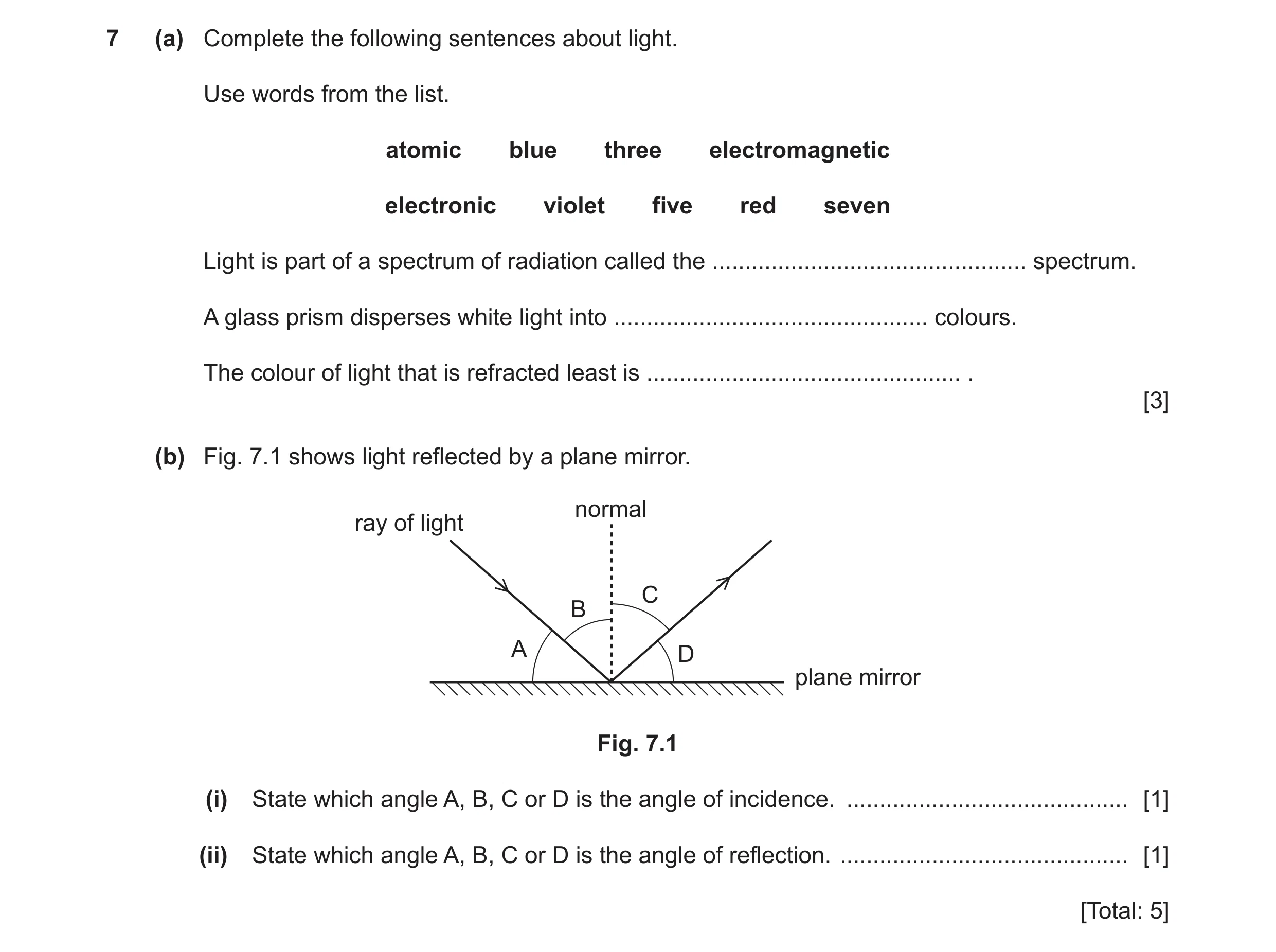 Question 17: (a) Complete the following sentences about light. Use words from the list. atomic blue three electromagnetic electronic violet five red sev…