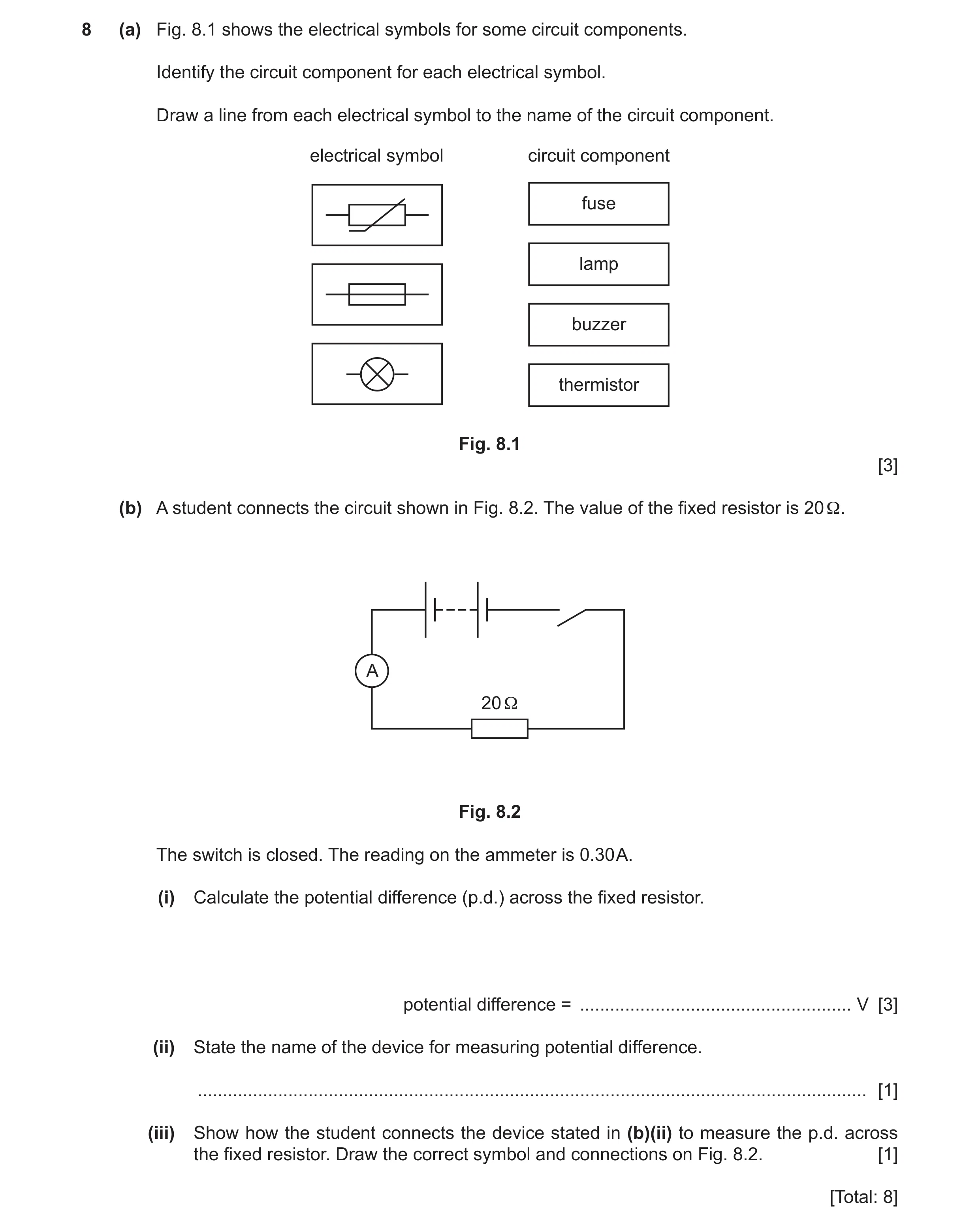 Question 29: (a) Fig. 8.1 shows the electrical symbols for some circuit components. Identify the circuit component for each electrical symbol. Draw a li…