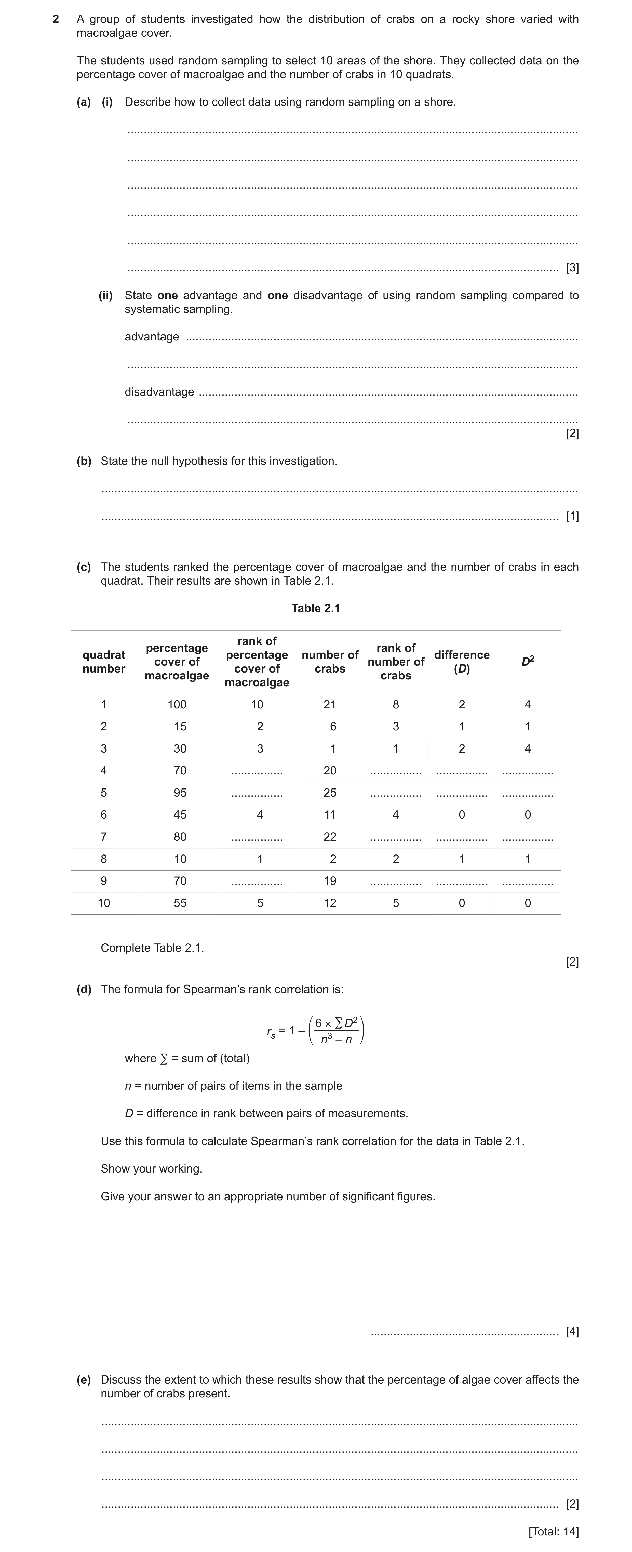 Question 36: A group of students investigated how the distribution of crabs on a rocky shore varied with macroalgae cover. The students used random samp…