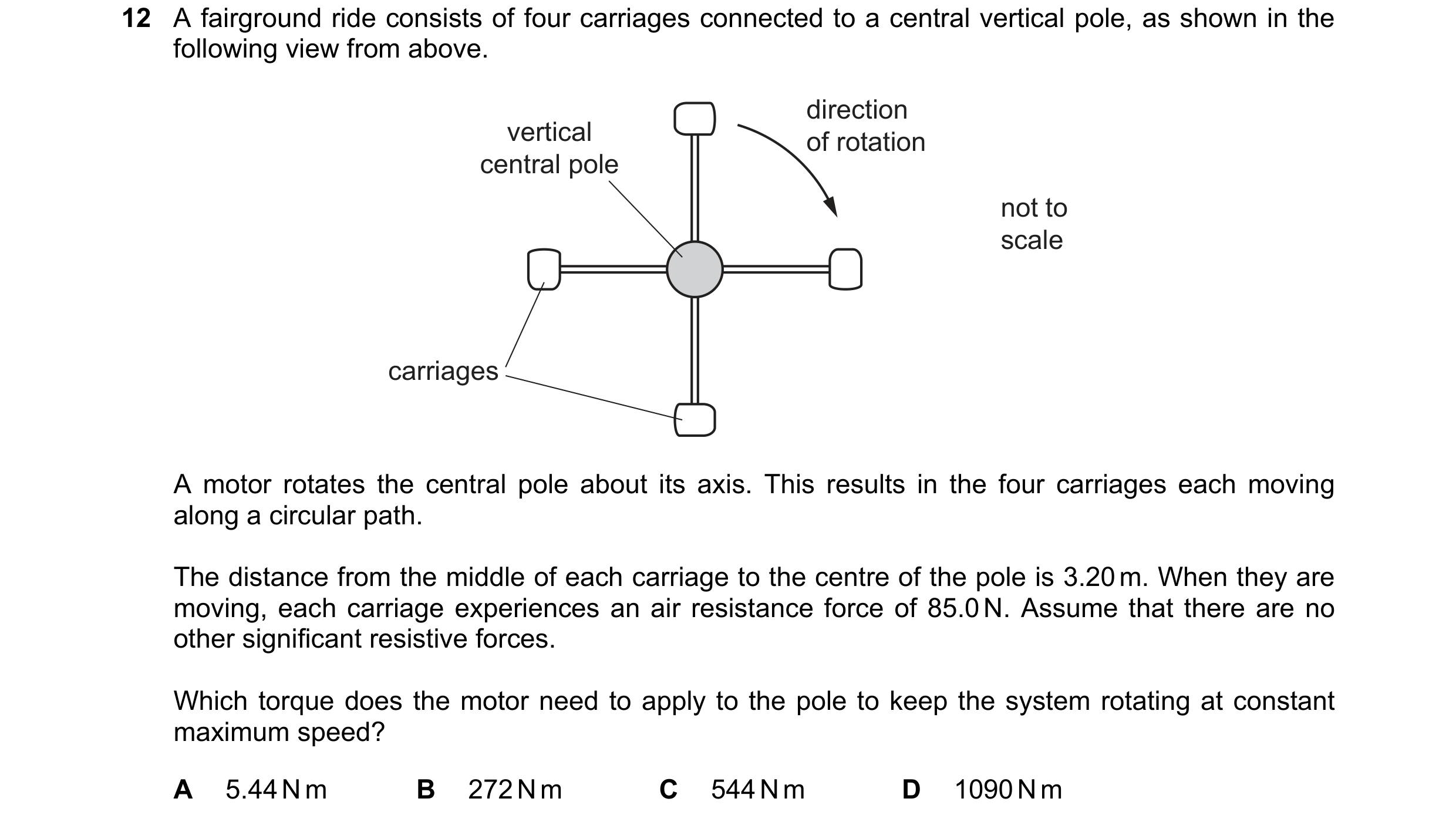 Question 81: A fairground ride consists of four carriages connected to a central vertical pole, as shown in the following view from above. direction ver…
