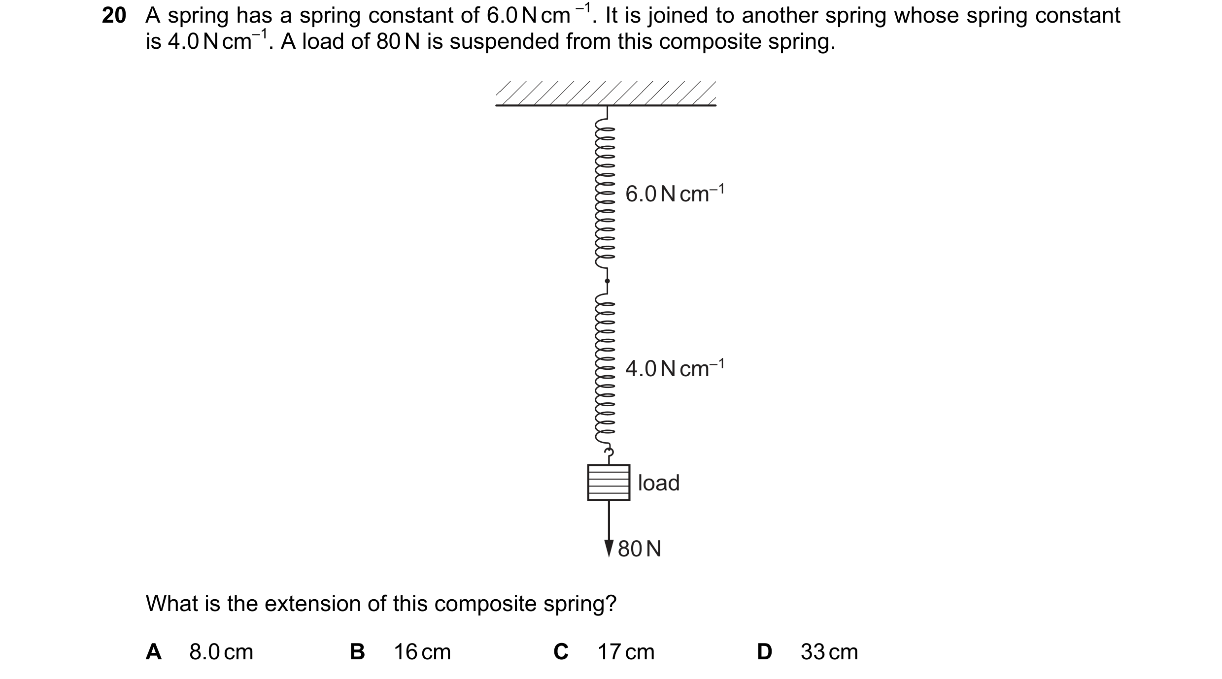 Question 92: A spring has a spring constant of 6.0 N cm –1. It is joined to another spring whose spring constant is 4.0 N cm–1. A load of 80 N is suspen…