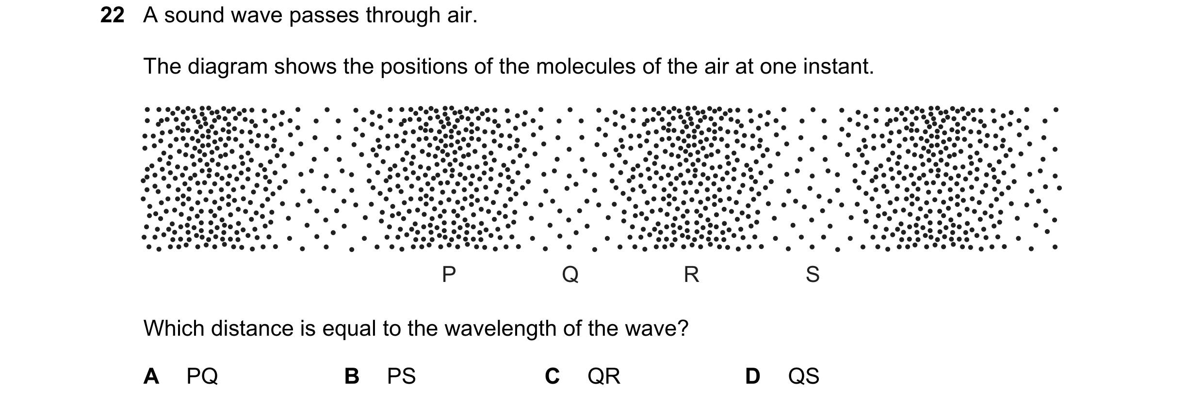 Question 99: A sound wave passes through air. The diagram shows the positions of the molecules of the air at one instant. P Q R S Which distance is equa…