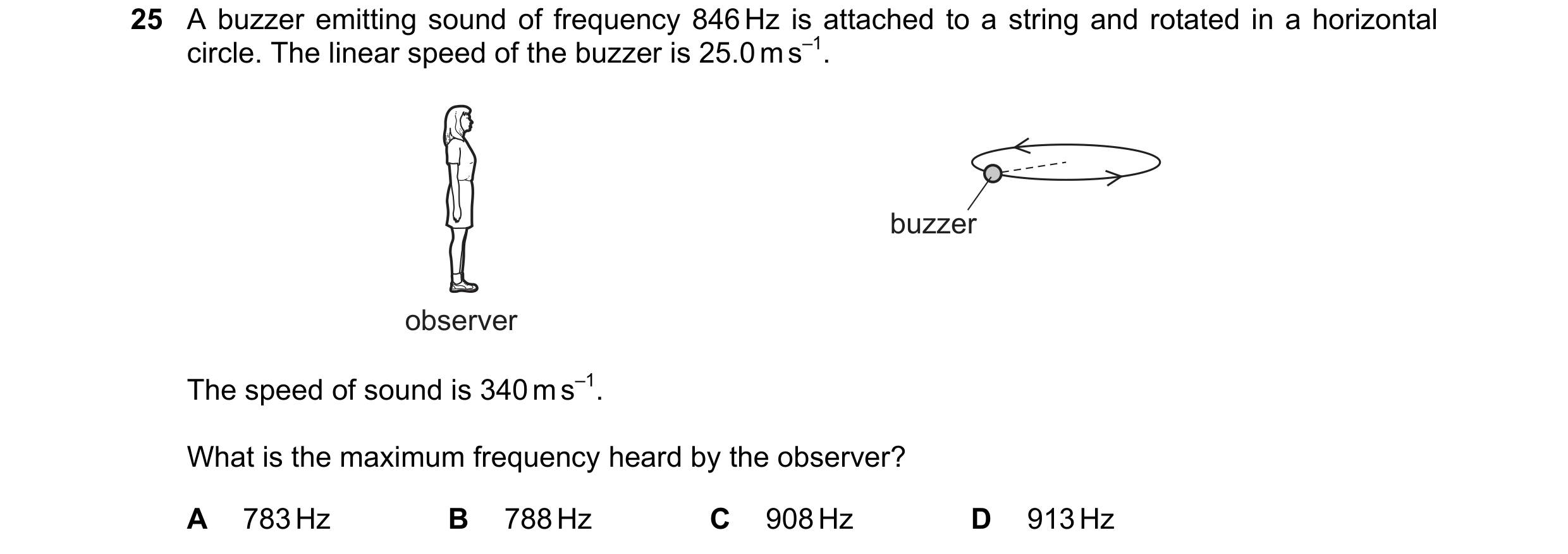 Question 22: A buzzer emitting sound of frequency 846 Hz is attached to a string and rotated in a horizontal circle. The linear speed of the buzzer is 2…