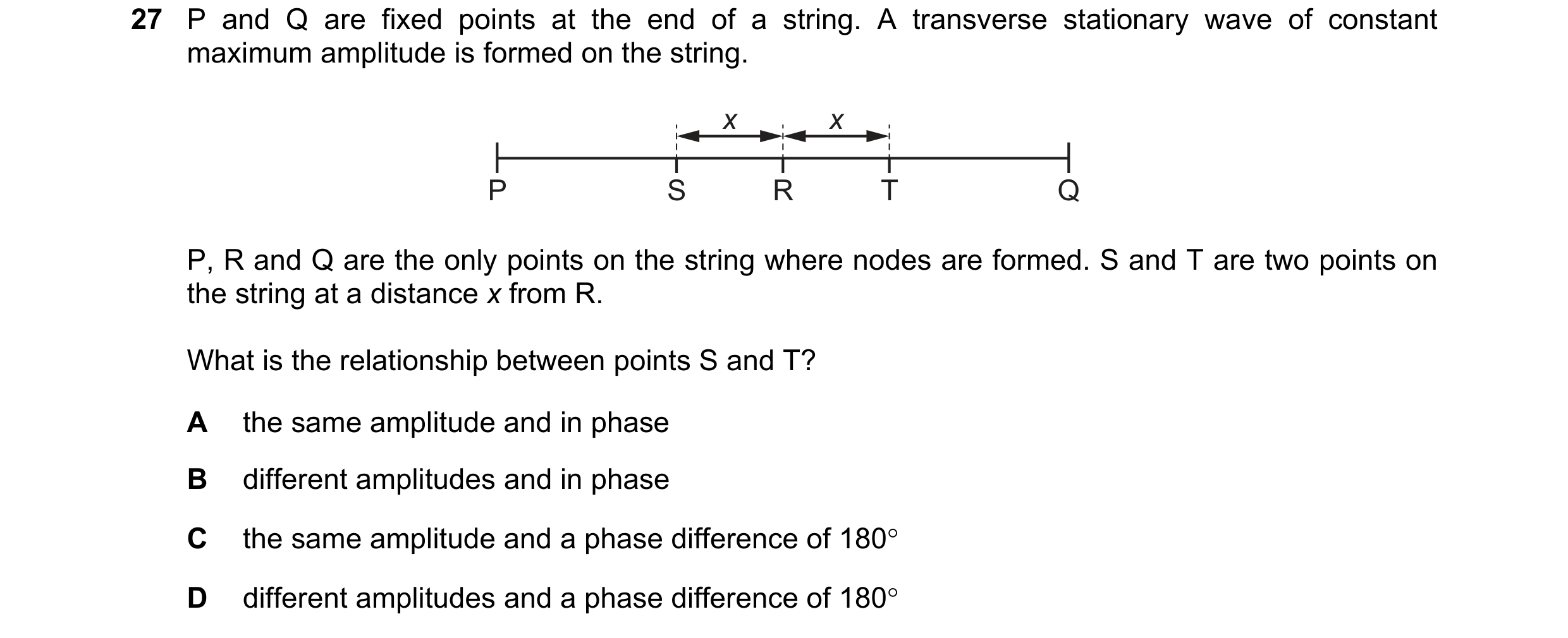 Question 74: P and Q are fixed points at the end of a string. A transverse stationary wave of constant maximum amplitude is formed on the string. x x P …