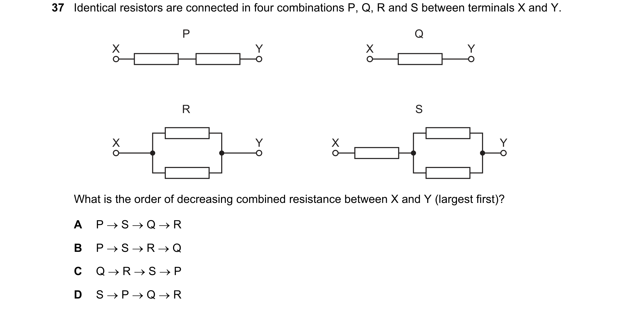 Question 144: Identical resistors are connected in four combinations P, Q, R and S between terminals X and Y. P Q X Y X Y R S X Y X Y What is the order o…