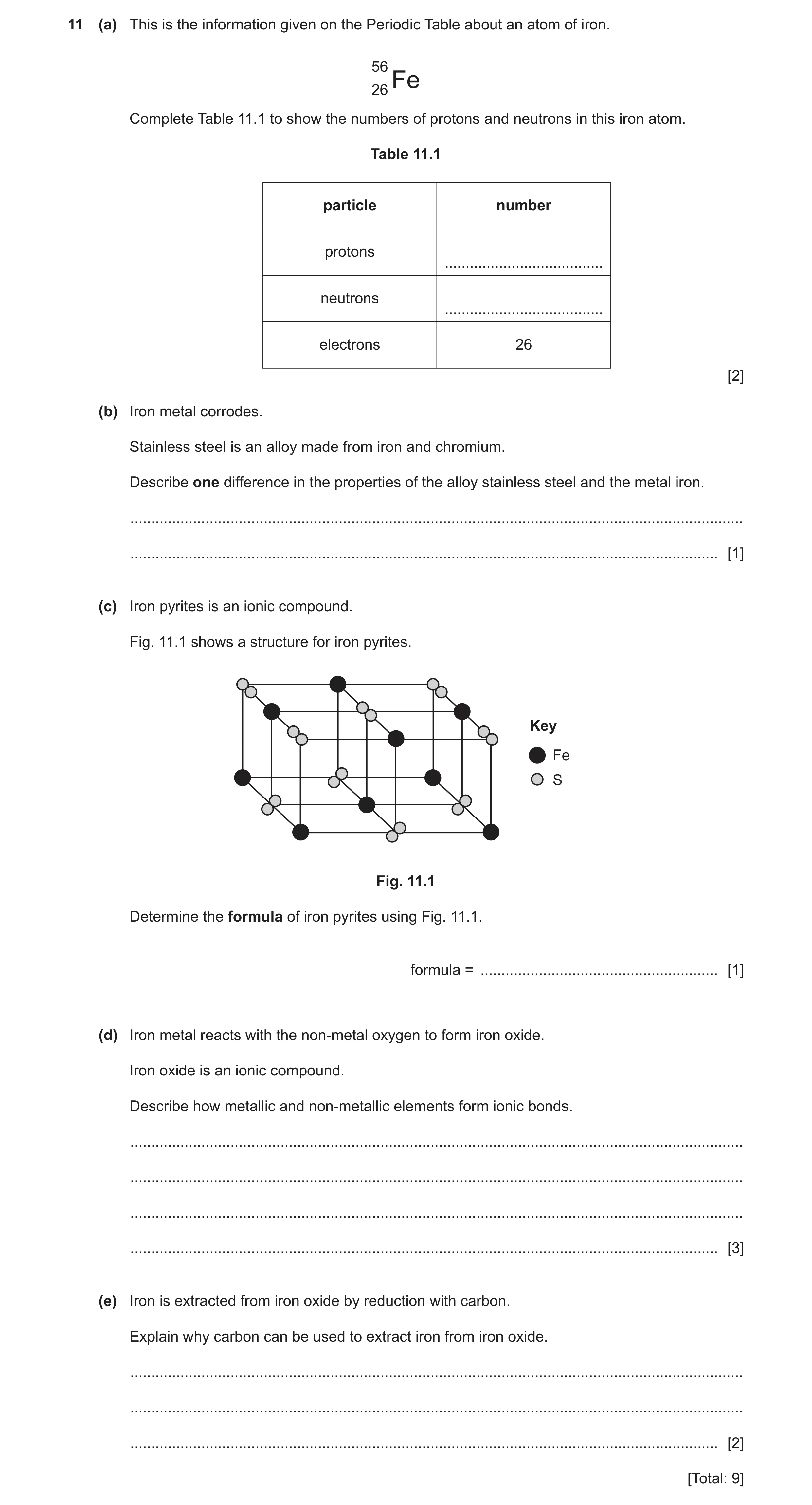 Question 14: (a) This is the information given on the Periodic Table about an atom of iron. 56 26 Fe Complete Table 11.1 to show the numbers of protons …
