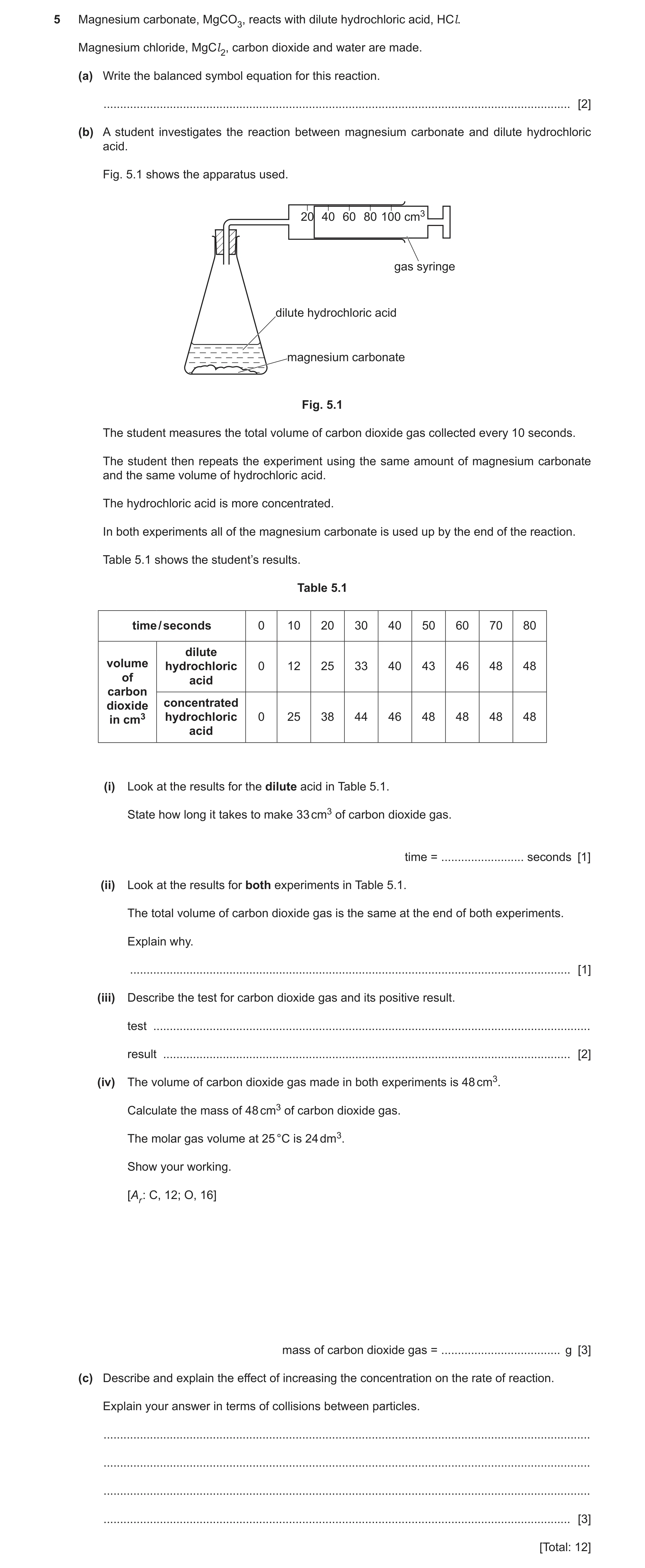 Question 20: Magnesium carbonate, MgCO3, reacts with dilute hydrochloric acid, HCl. Magnesium chloride, MgCl 2, carbon dioxide and water are made. (a) W…