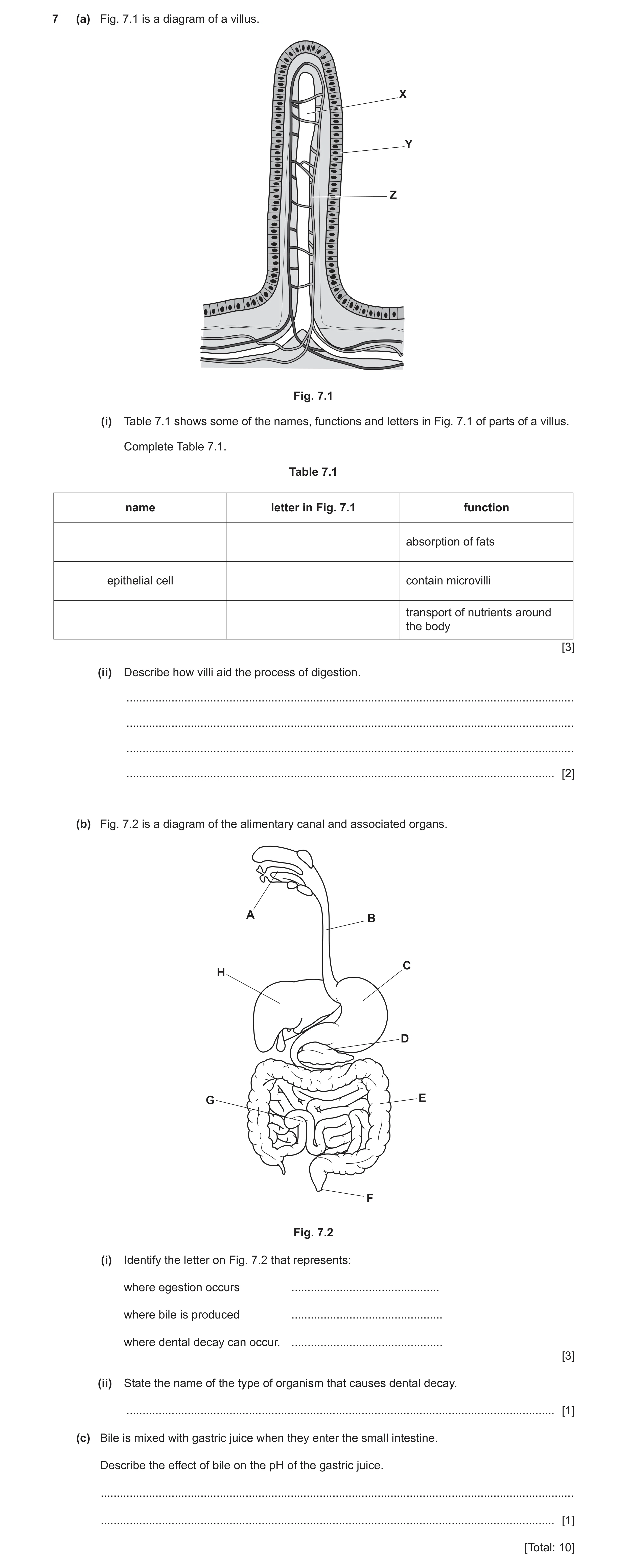 Question 7: (a) Fig. 7.1 is a diagram of a villus. X Y Z Fig. 7.1 (i) Table 7.1 shows some of the names, functions and letters in Fig. 7.1 of parts of …