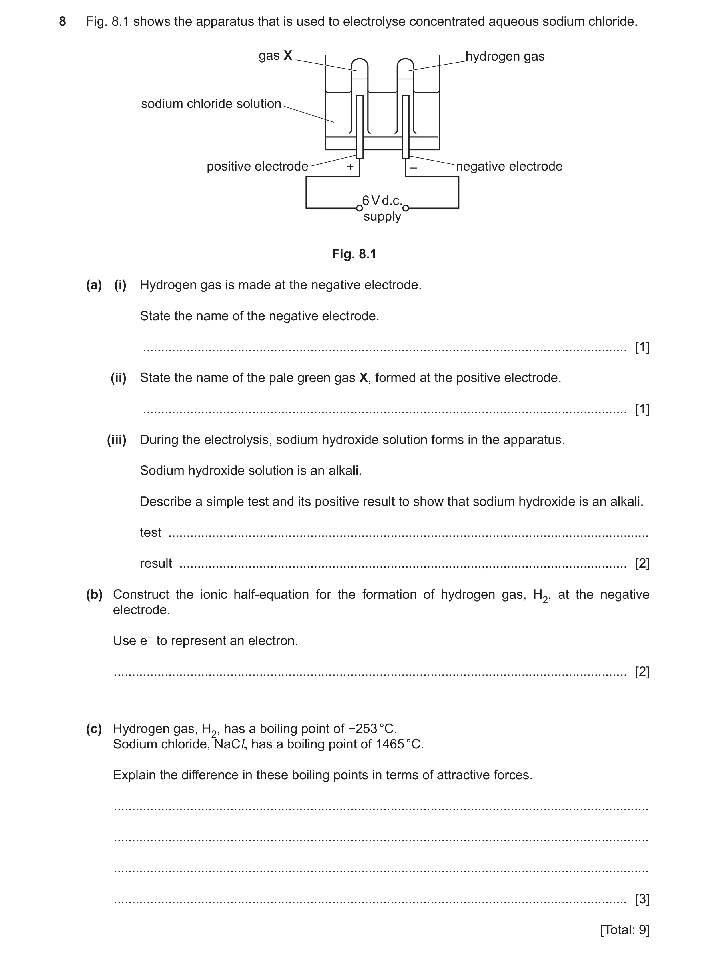 Question 9: Fig. 8.1 shows the apparatus that is used to electrolyse concentrated aqueous sodium chloride. gas X hydrogen gas sodium chloride solution …