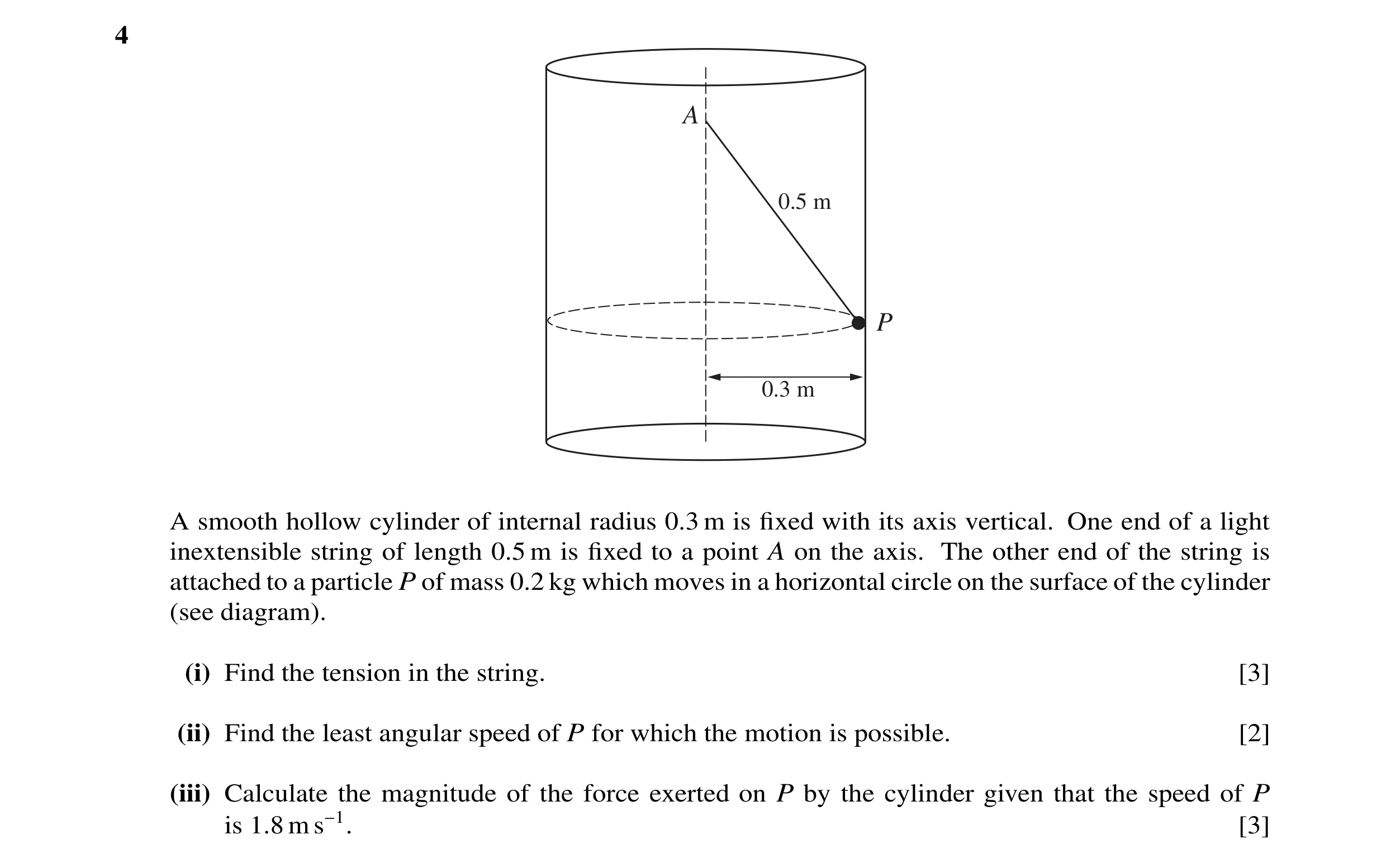 Question 17: A 0.5 m P 0.3 m A smooth hollow cylinder of internal radius 0.3 m is fixed with its axis vertical. One end of a light inextensible string of…
