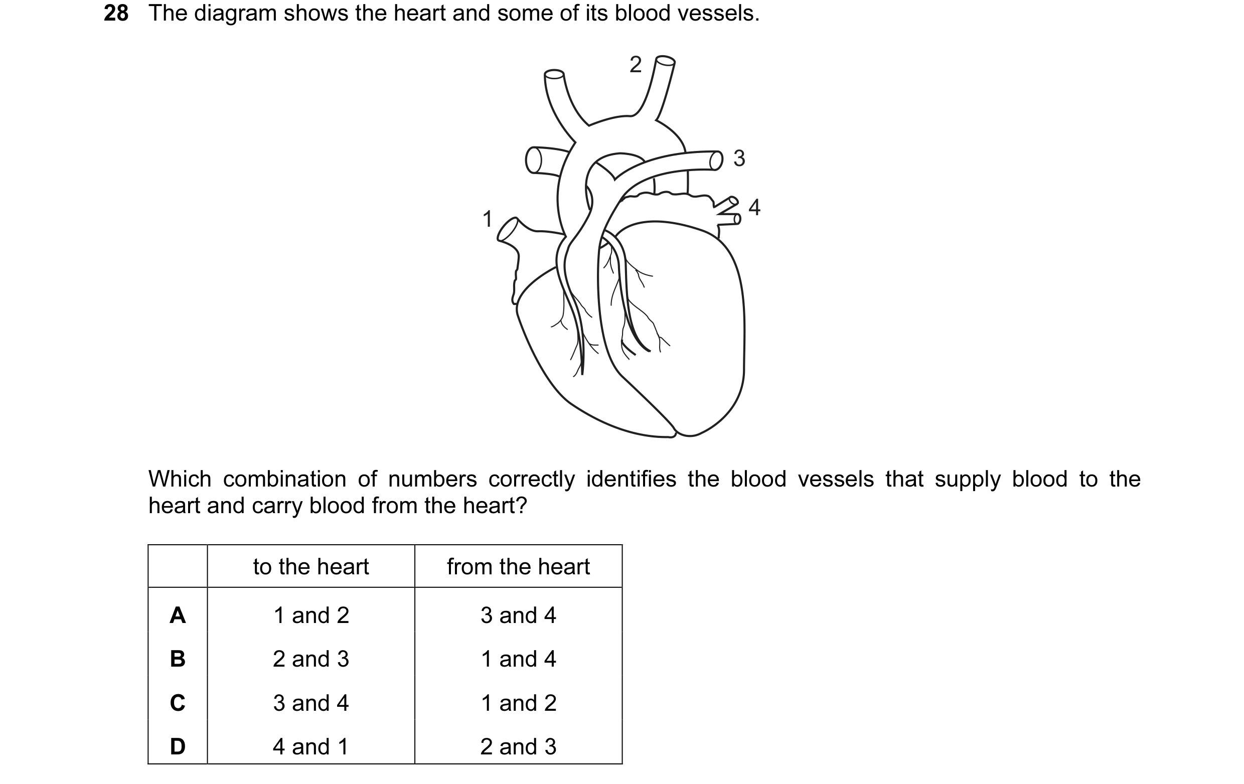 Question 32: The diagram shows the heart and some of its blood vessels. 2 3 4 1 Which combination of numbers correctly identifies the blood vessels that…